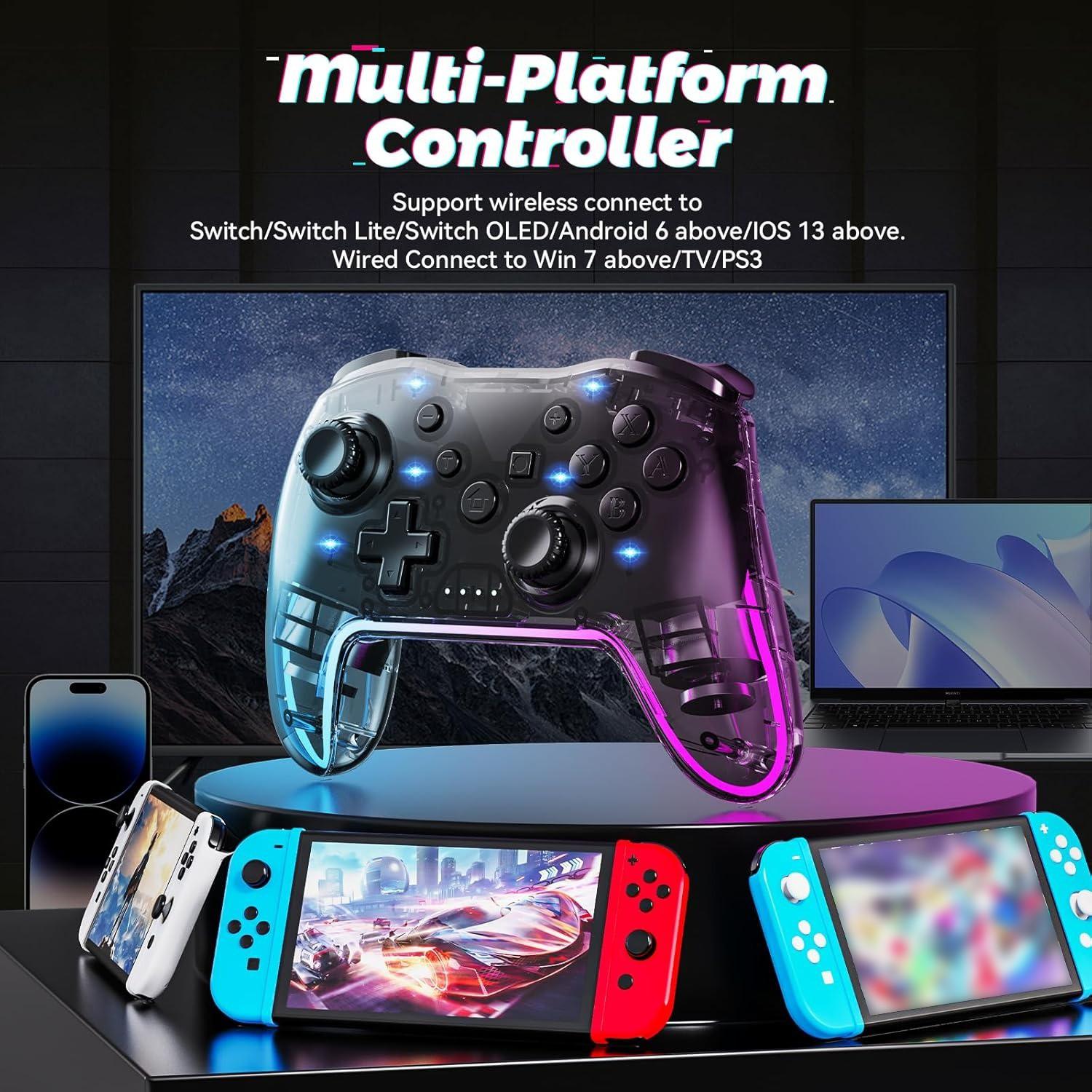 Wireless Game Controller for Switch Lite Oled PC Android iOS, Rechargeable Gaming Joystick with 7 Color RGB Lights and 3D Analog Stick, Universal Controller