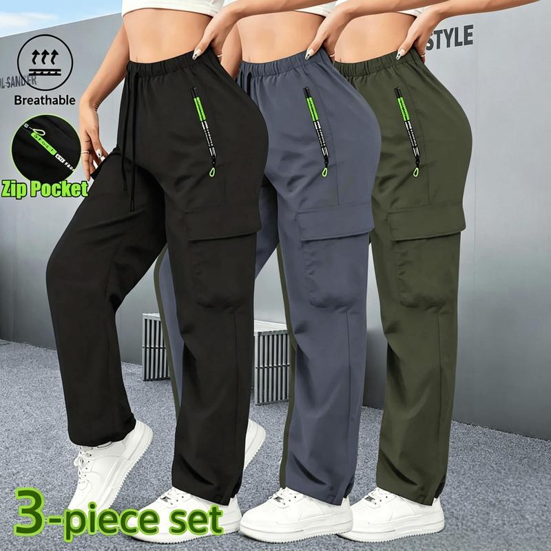 Women's 3-Piece Elastic Joggers - Adjustable Drawcord Waist, Waist Pockets, Reinforced Durable Fabric, Breathable Quick Dry All-Seasons Pants for Urban Commuting & Daily Leisure, Dry Clean Compatible, Back to School