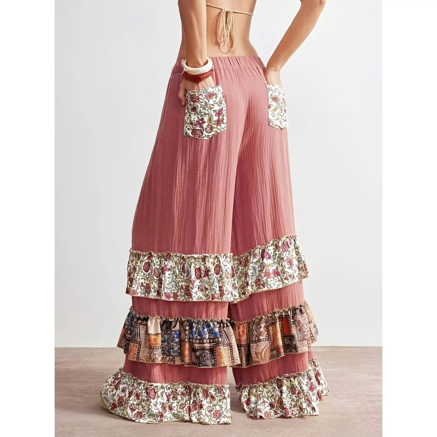 Women's Bohemian Wide-Leg Pants with Vintage Floral Print & Ruffle Hem - Loose Fit Color-Block Patchwork Trousers Suitable for Music Festivals, Beach Vacations, Carnival Costumes, Spring Summer Outfits - Machine Washable Non-Belted Pants