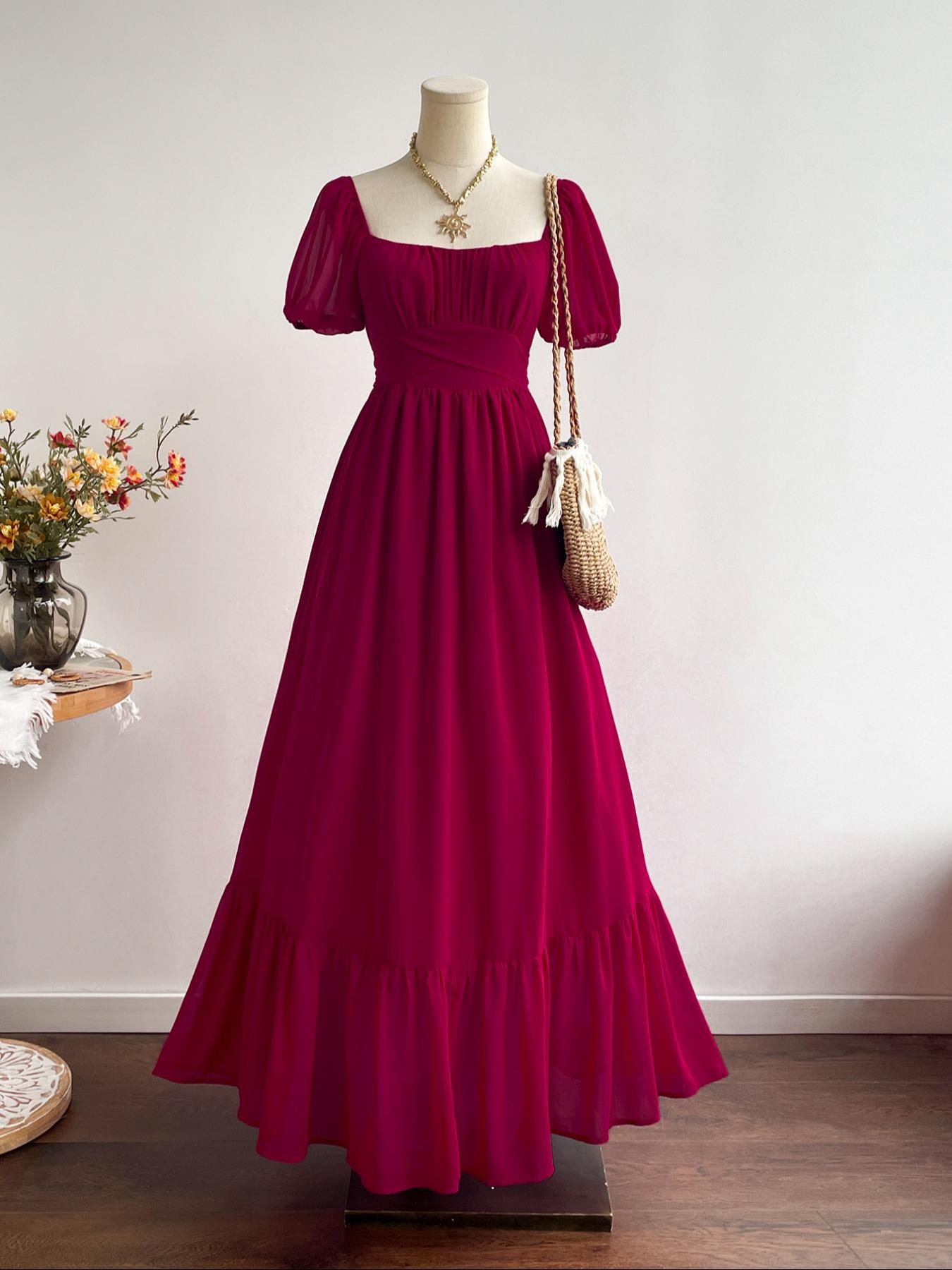 Women's Bohemian Vacation Elegant Chic Casual Waist-Tied Chiffon Woven Floral Long Short Sleeve Ruffle Hem Dress, All Seasons Fitted Style