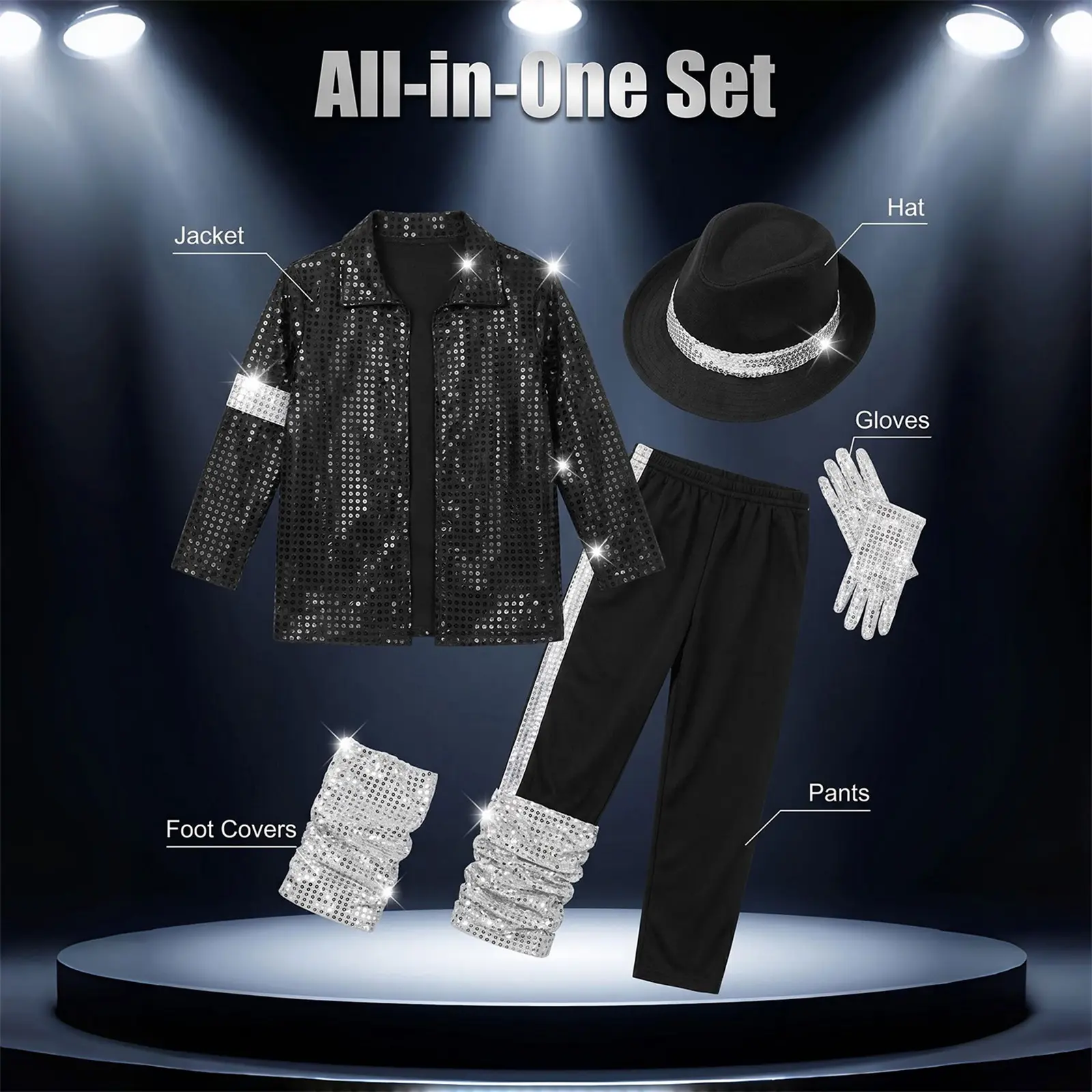 80s 90s Pop Star Children's Set 5-piece Halloween Costume Set Including Sequined Jackets, Hat, Trousers, Gloves, Foot Cover, Suitable for Boys Girls for 4-10Years