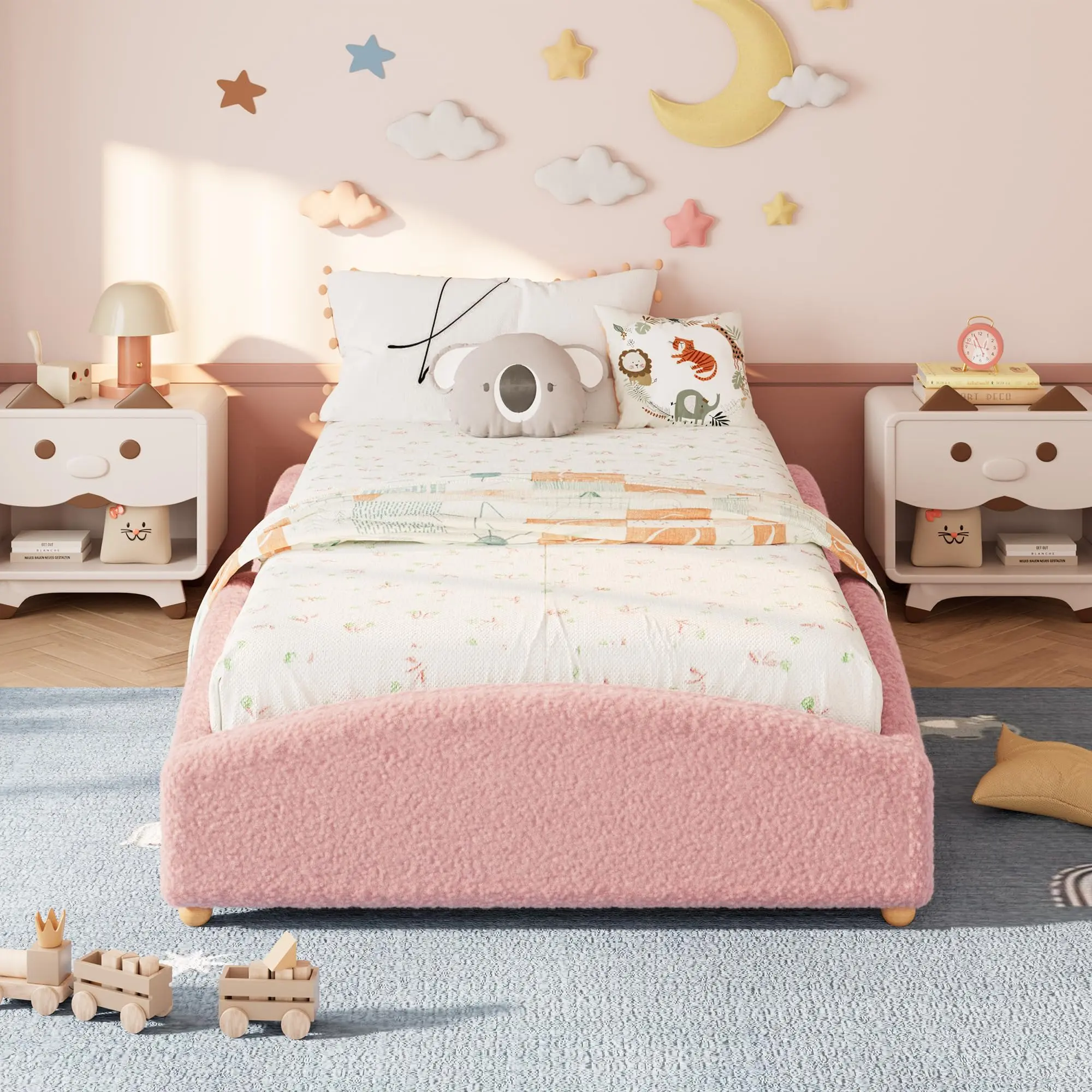 Twin and Twin-XL Size Upholstered Floor Beds with Soft Teddy Fabric, Cloud Shaped Guardrails, Low Profile Platform and Wooden Slats, Modern Nursery Beds Available in Pink, Beige, and Grey