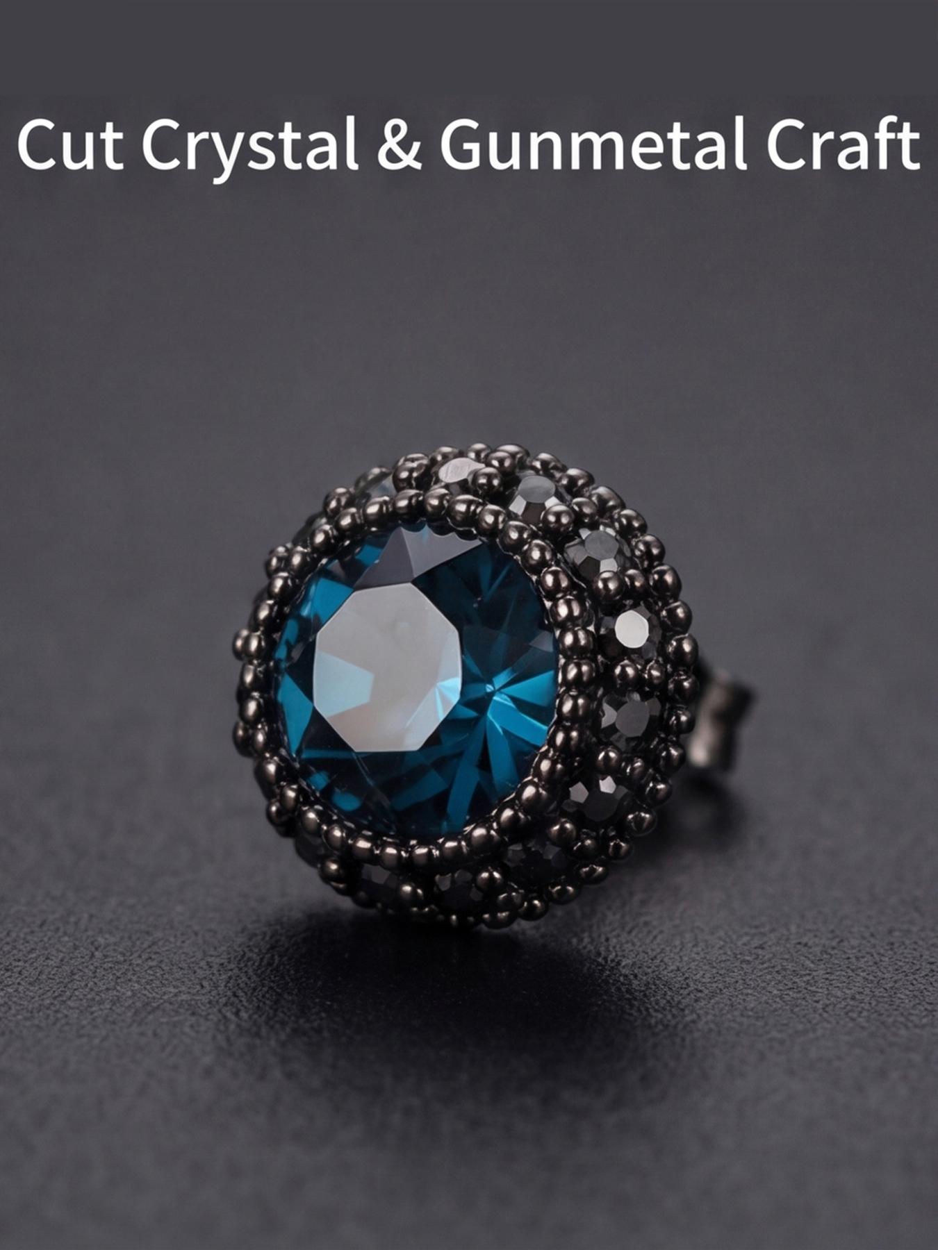 Women's Hypoallergenic Vintage Blue Crystal Round Stud Earrings, Gunmetal Tone Black Rhinestone Halo Stud Earrings, Retro Fashion Jewelry for Everyday Wear & Gift