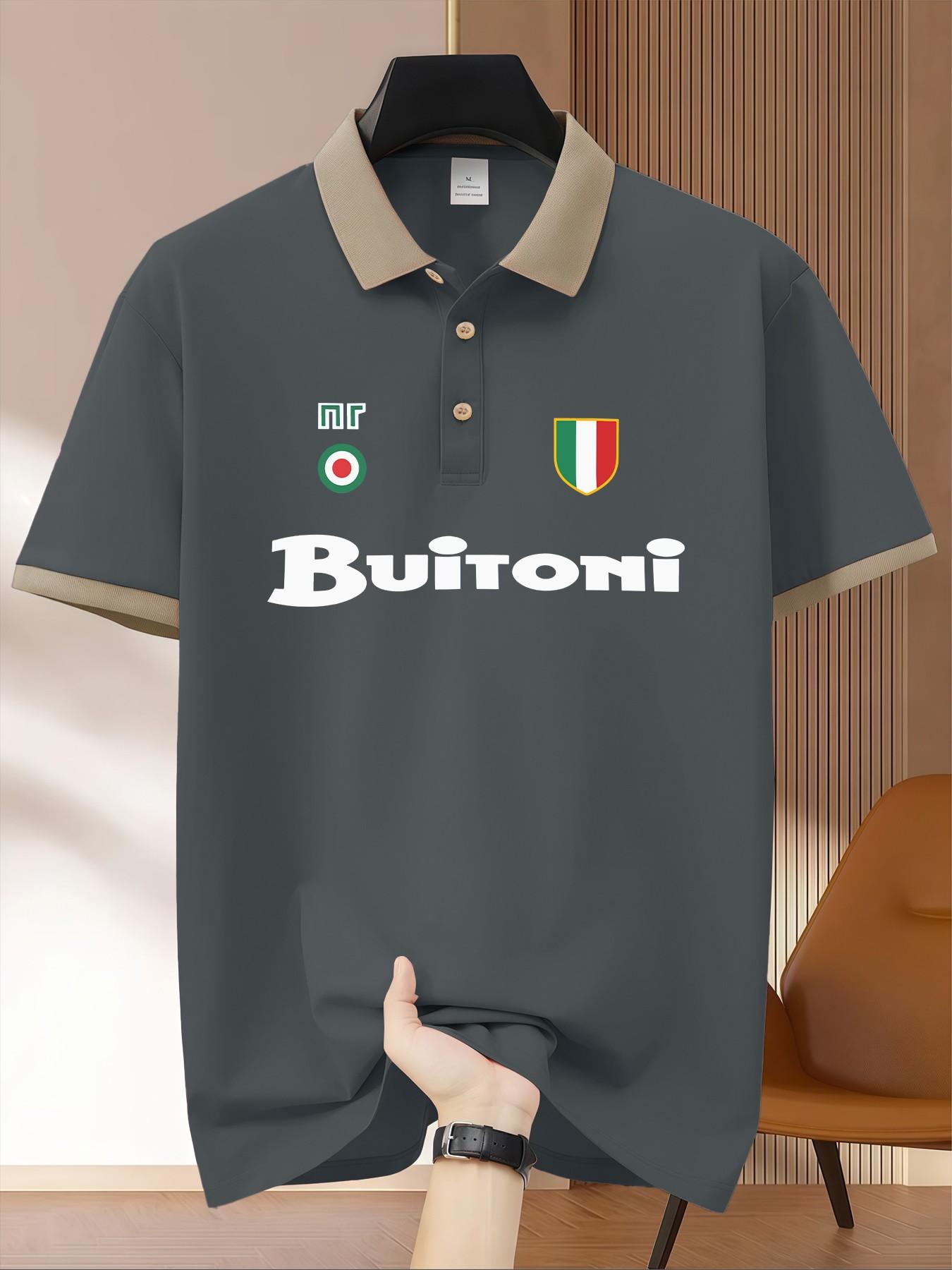 Buitoni Italian Flag Shield Vintage Print Polo Shirt, Business Casual Men's Short Sleeve Knitwear, Daily Commute Office Wear Top