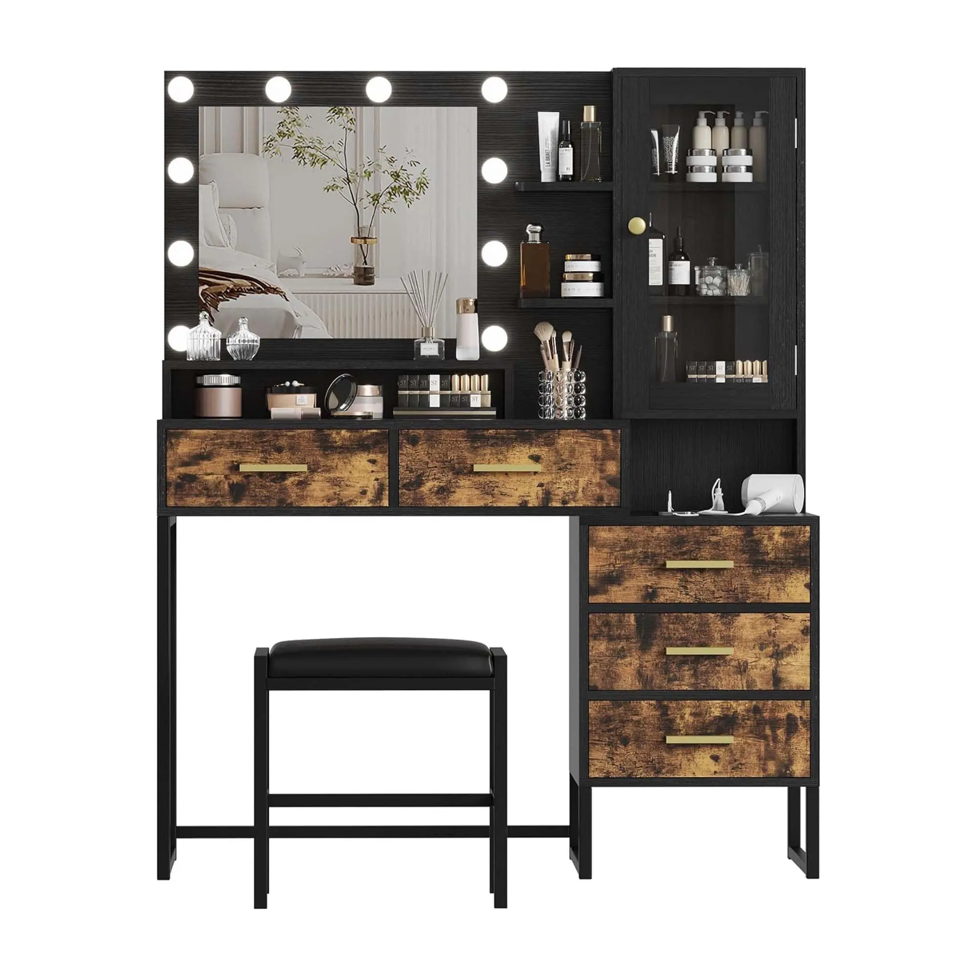 GARVEE 53.5" Large Vanity Desk with Bench, Makeup Vanity Featuring Mirror with Lights and LED Bulbs, 5-Drawer Makeup Table with Charging Station in Elegant Brown Finish