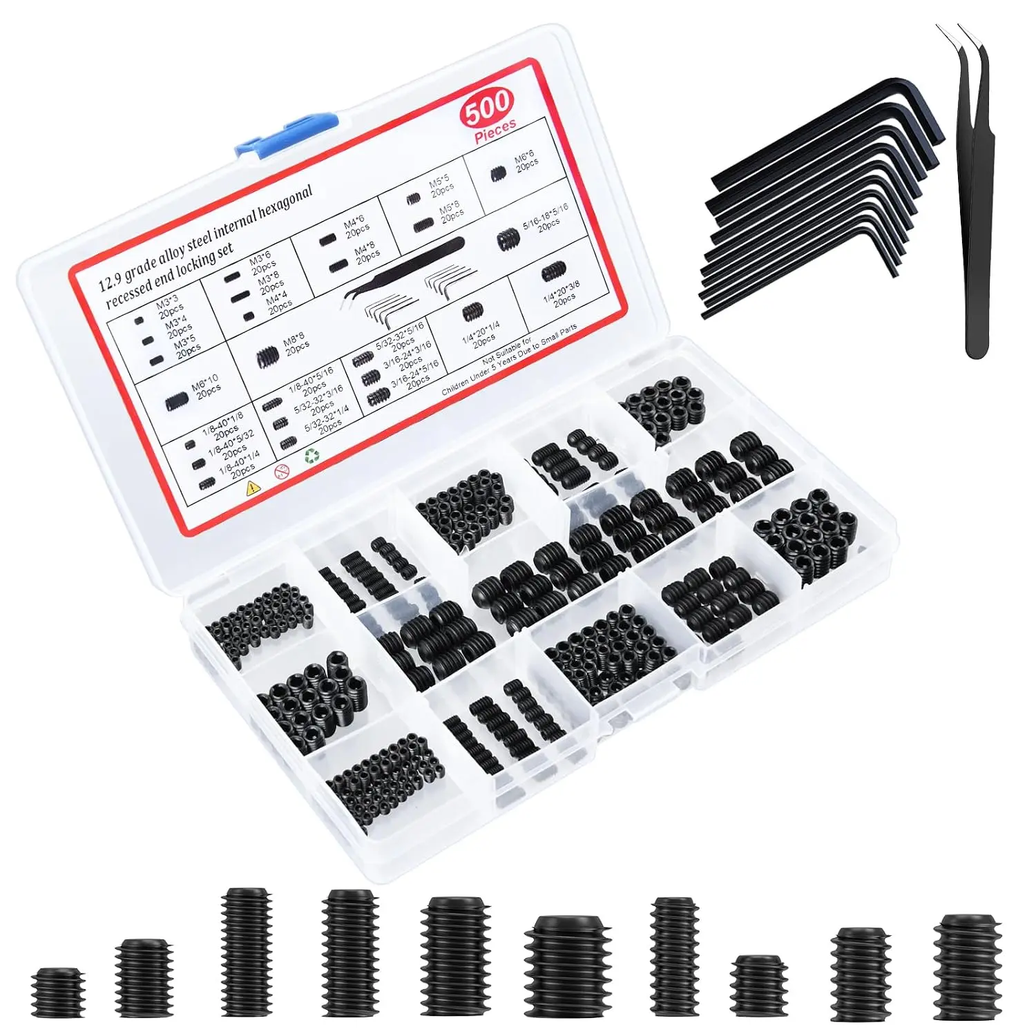 500 count 25 Size Black Set Screw  Kit, Alloy Steel Set Screws for Bathroom Fixtures Door Handles (M3-M8, 1/8"-40 to 5/16"-18)