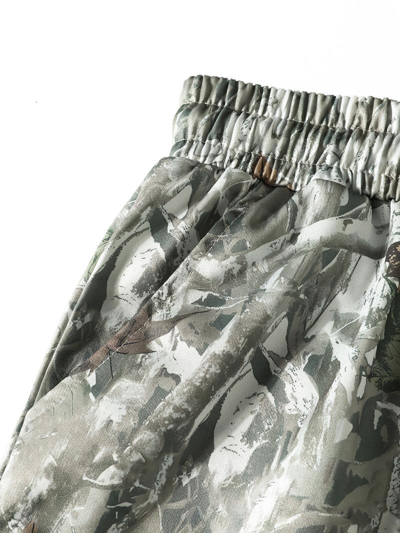 Vintage Street Withered Branch Camo Print Loose-Fit Gym Shorts, Casual All-Season Wear, Moderate Fabric Thickness, Kint Style, Athletic Shorts