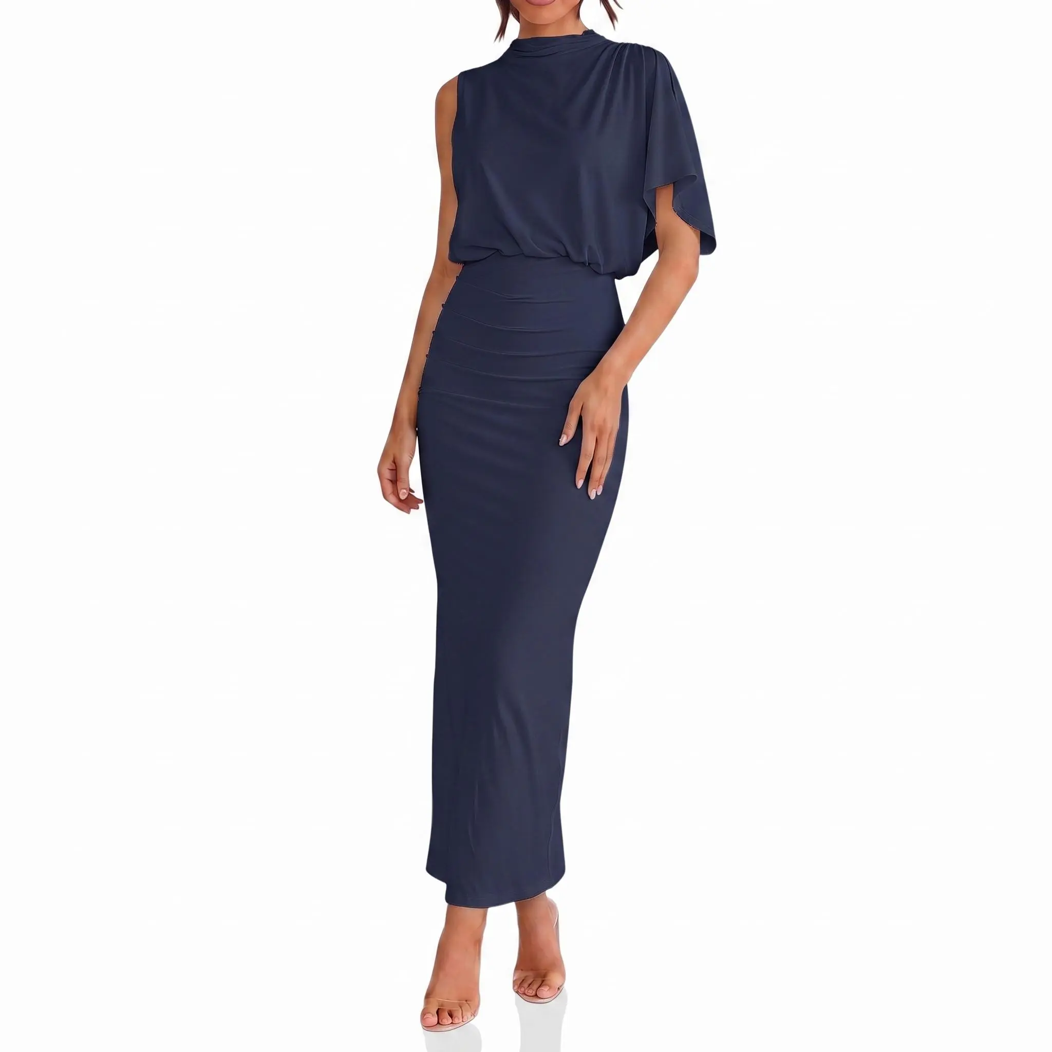 Wenrine Women's Chic Bodycon Maxi Dress - Asymmetrical Sleeveless Cape, High Neck, Invisible Zipper, Gathered Detail, Smooth Fabric, Minimalist Feminine Slim-Fit Formal Party Night Out Dress