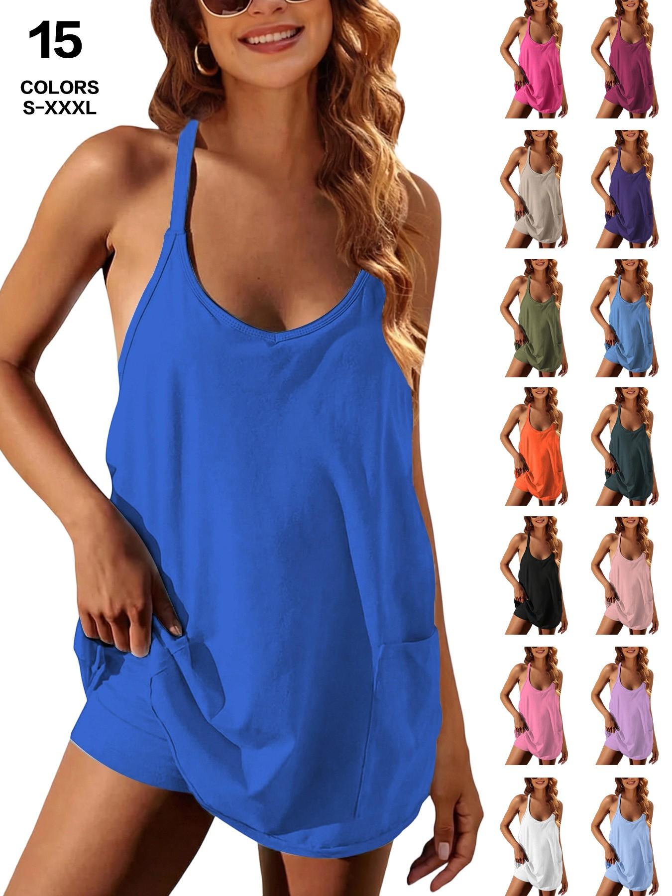 Womens Workout Romper Dress with Shorts Underneath Sleeveless Spaghetti Straps Athletic Outfits Casual Vacation