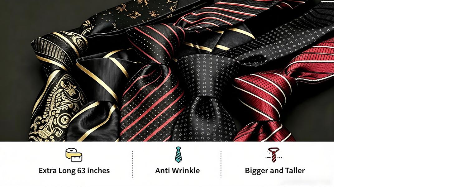63 inches Extra Long Ties for Big and Tall Men Mens Necktie and Lapel Pin Clips Handkerchief Cufflinks Business