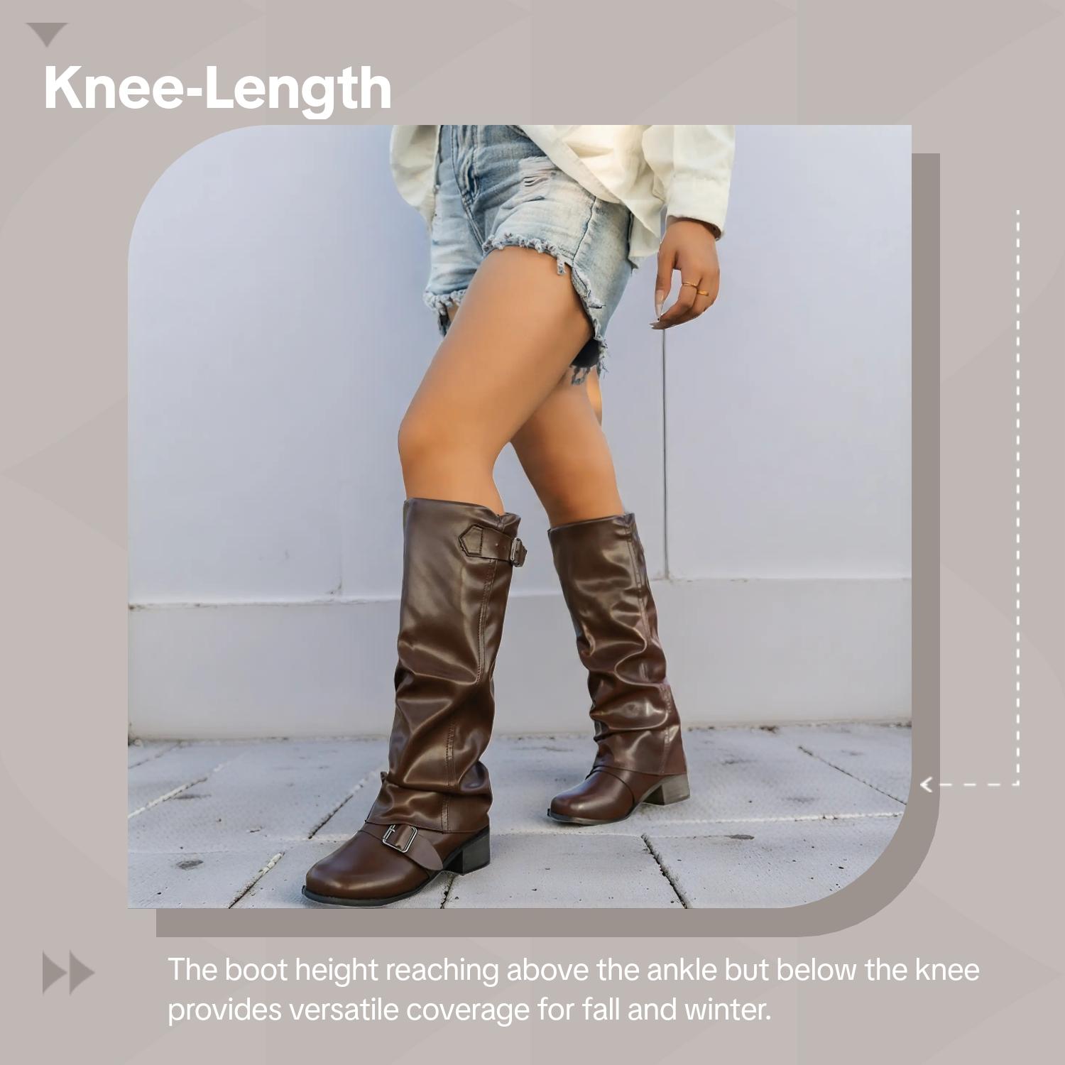 Women's Fashion PU Leather Low Heel Long Boots, Casual Wrinkle Leg Motorcycle Boots, Western Style Biker Boots for Ladies