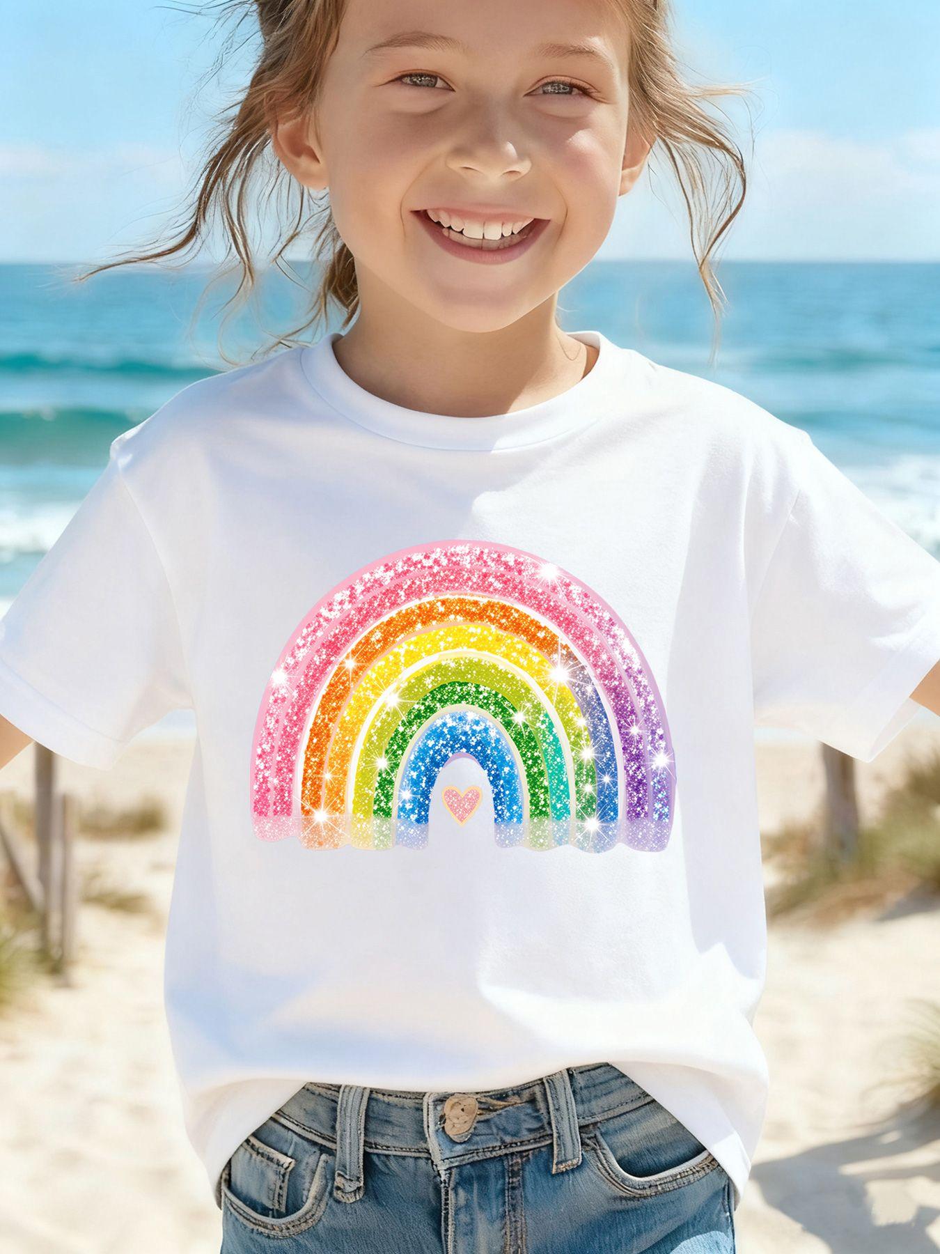 Children's summer comfortable "Shiny Rainbow" pattern, outdoor casual sports - girls' cartoon printed T-shirt