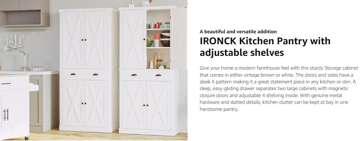 IRONCK Kitchen Pantry Storage Cabinet 72.6" H, with Barn Doors, Drawer, 4 Adjustable Shelves, Freestanding Cupboard for Dining Room Living Room, Laundry