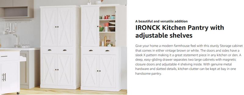 IRONCK Kitchen Pantry Storage Cabinet 72.6" H, with Barn Doors, Drawer, 4 Adjustable Shelves, Freestanding Cupboard for Dining Room Living Room, Laundry