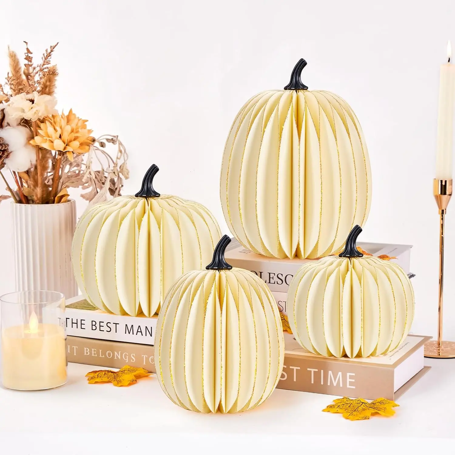 Homarkable White Paper Pumpkins 4 Pcs with Gold Glitter Edges, Fall Decorations for Centerpieces, Fall & Thanksgiving Table Decor