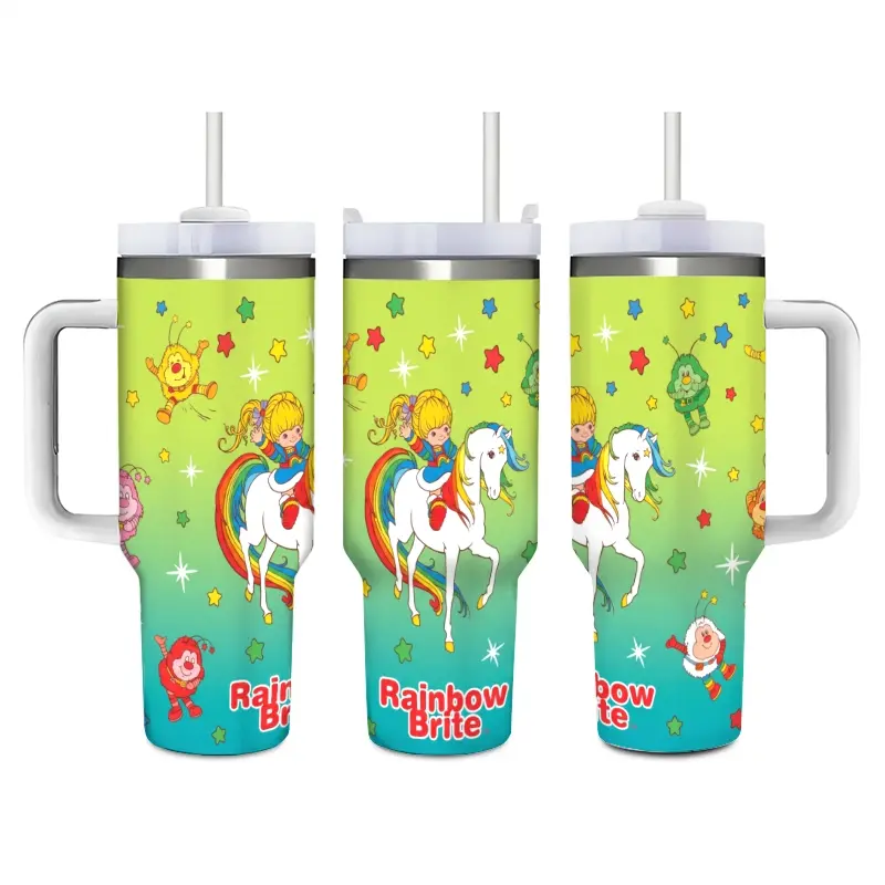 Rainbow Brite Tumbler Cup with Straw, Retro Rainbow Character Design Stainless Steel Insulated Mug, Vintage Cartoon Travel Drinkware for Fans, Birthday Gift