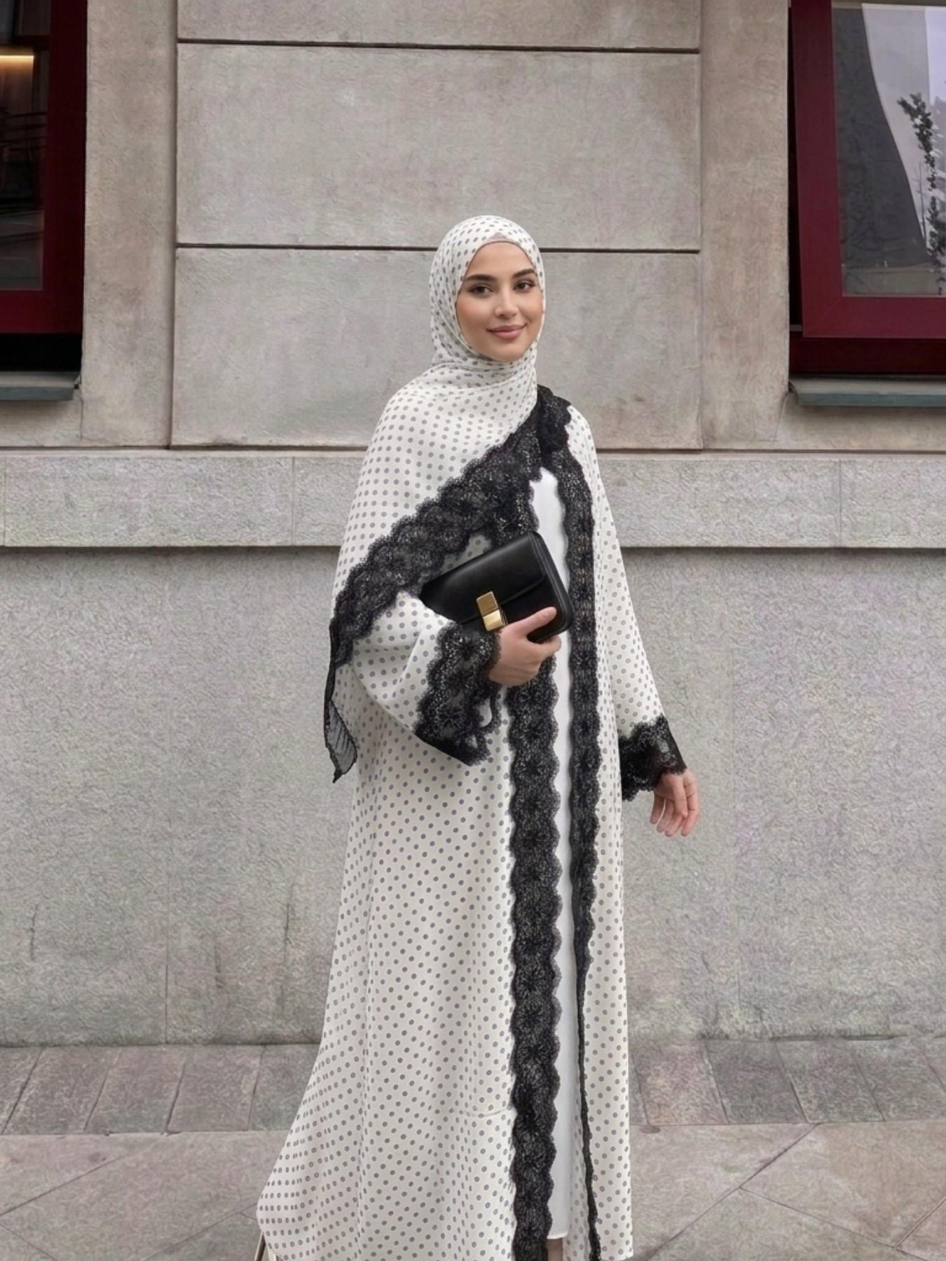 Elegant Two-Piece Lace Trim Polka Dot Open Front Modest Islamic Abaya Robe, Perfect for Parties, Vacations, Casual Wear, Ramadan