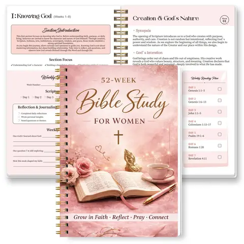 52-Week Bible Study Journal, Spiral Bound Hard Cover Prayer Log, Weekly Guided Scripture Reading Plan, Faith Growth Reflection Diary, Christian Gift, Hardcover Notebook