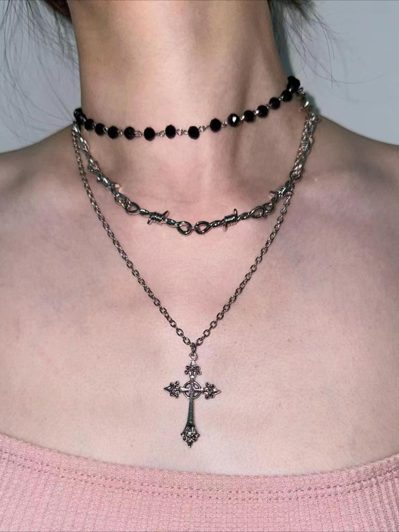 Gothic Punk Cross Pendant Necklace Set, Vintage Beaded Thorn Chain Jewelry for Women, Halloween Party Accessories