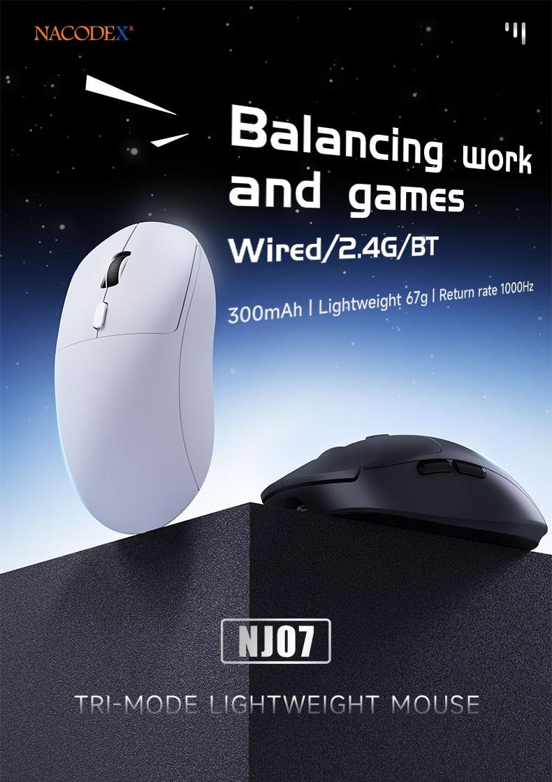AJAZZ NJ07 Wireless Game Mouse Soft Tone Buttons 1k Hz Rate of Return 2.4G+Wired+BT Six Gear DPI Adjustment 12800 Lightweight 67g Multi-system Support for E-sports and Office, Pc Accessories Gaming