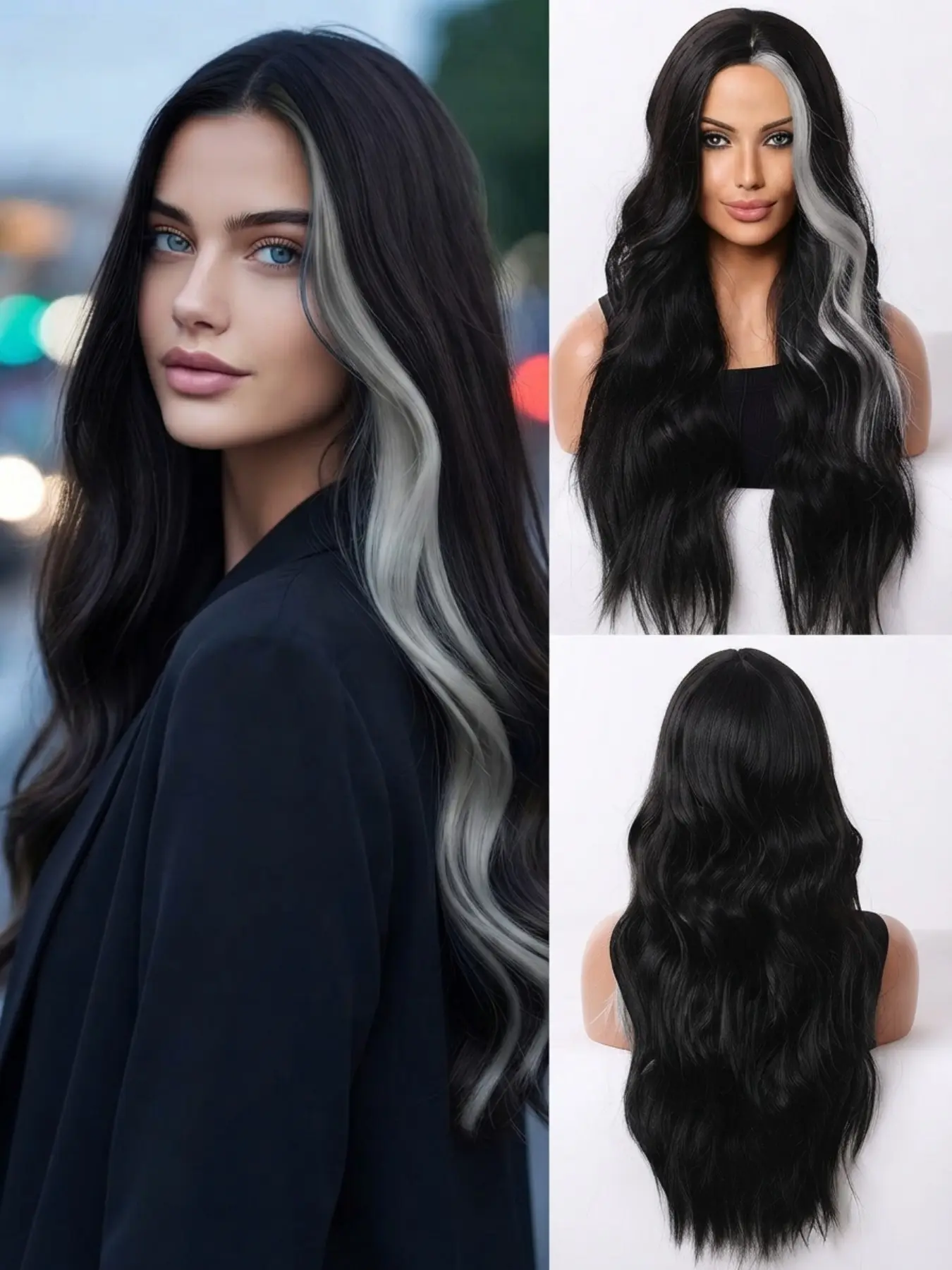 Long Loose Body Wave Black Wig Silver Grey Front Highlights for Women Middle Part Trendy Alt Goth Egirl Y2K Style Hairpiece 26 Inch Synthetic Full Wigs Cosplay Halloween Accessories Daily Fashion Hair Natural Soft Waves Synthetic Wavy Hairstyle