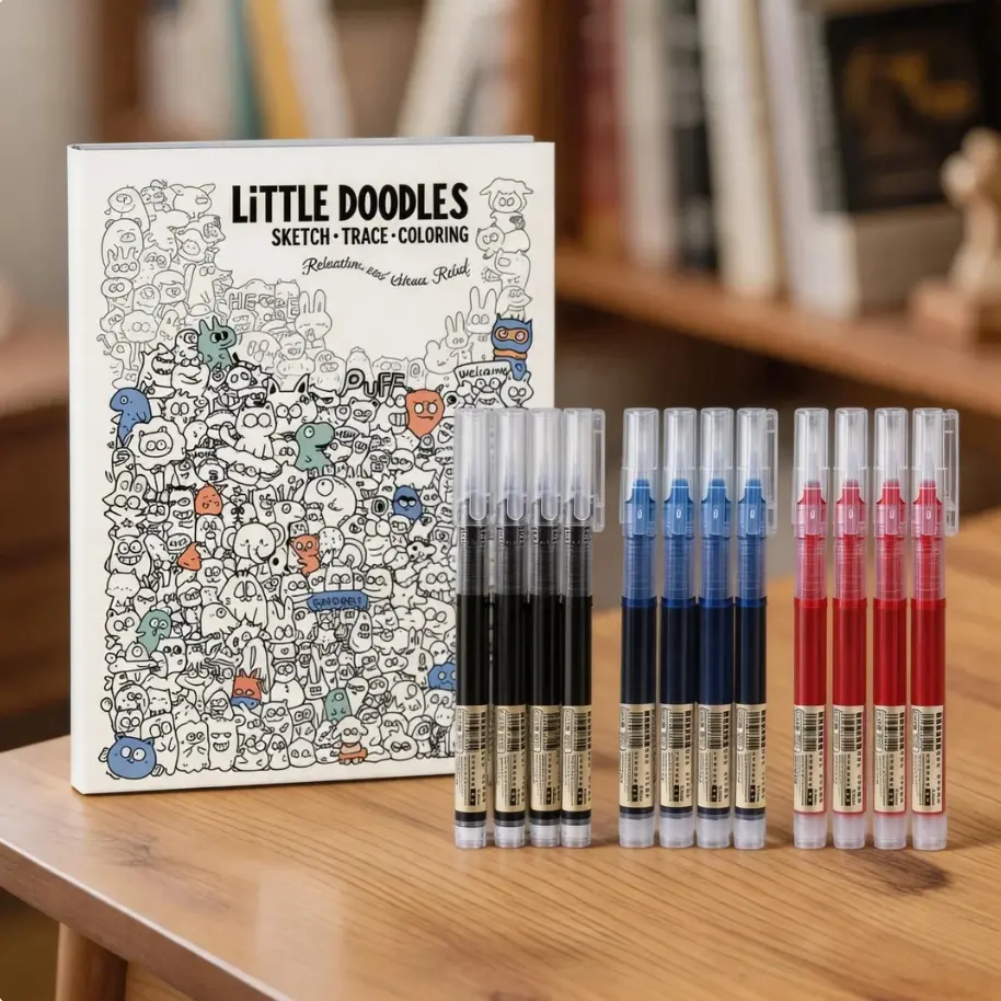 A4 doodle book + 12 pens (4 black+4 blue+4 red)
