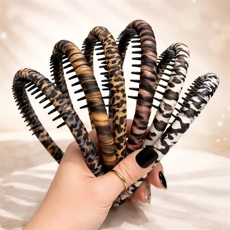 2pcs/lot Leopard Print Anti-slip Plastic Hairband With Teeth Women Face Washing Hair Hoop Band Fashion Girls Makeup Spa Headband