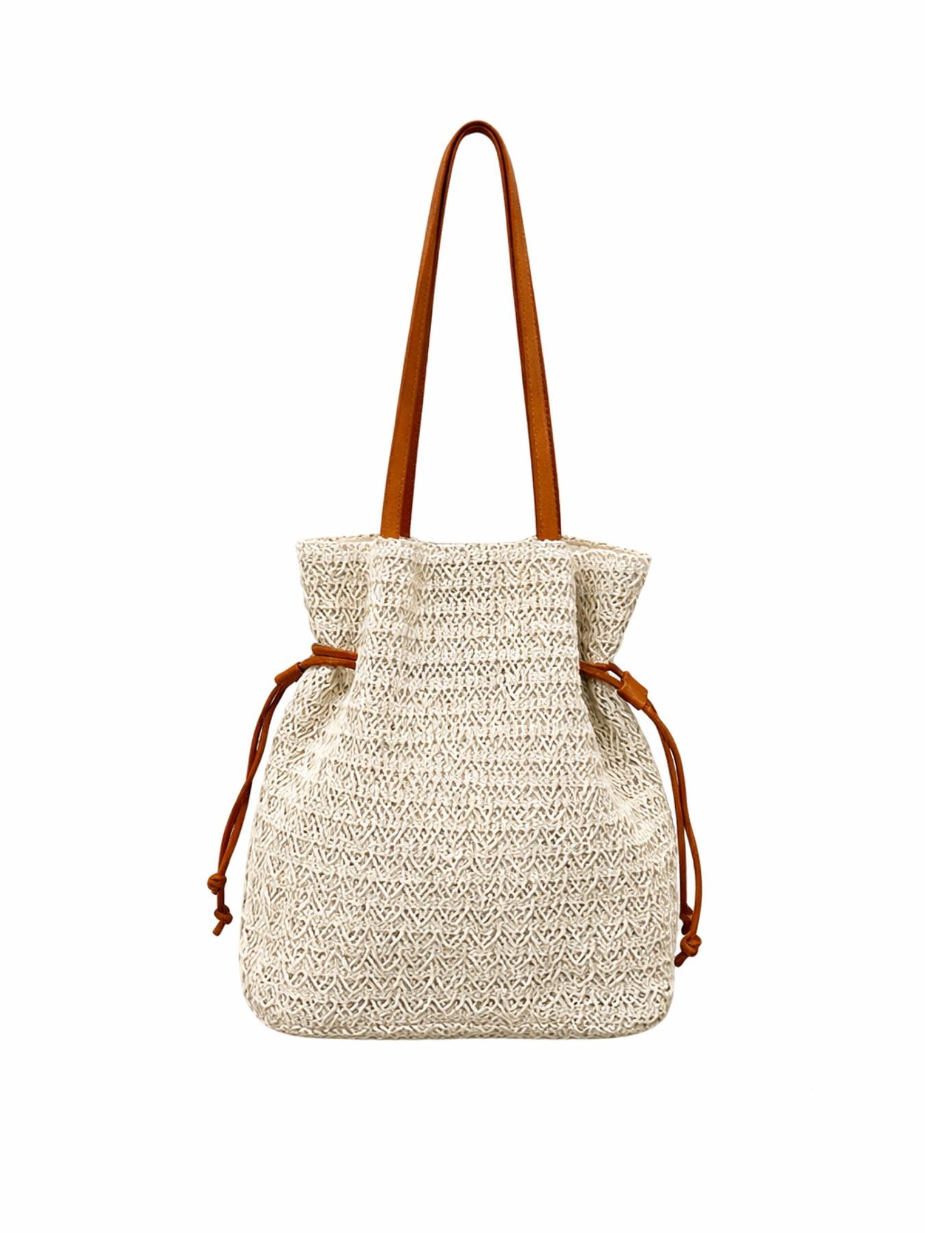 Straw Bucket Bag for Women, Woven Drawstring Shoulder Tote, Summer Beach Handbag, Large Capacity Vacation Boho Purse Straw Bucket Bag for Women, Woven Drawstring Shoulder Tote, Summer Beach Handbag, Large Capacity Vacation Boho Purse