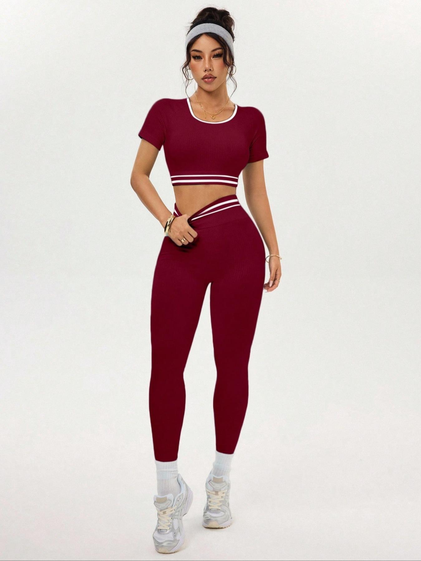 Women's Two-Piece Set, Colorblock Ribbed Round Neck Sporty Short Sleeve, High Waist Butt Lifting Yoga Tight Pants, Casual Fitness Fashion