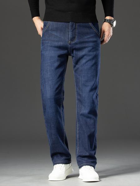 Men's Thickened Winter Fleece Jeans, Loose Straight Leg High Waist Casual Elastic Pants, Warm Long Denim Trousers for Fall & Winter