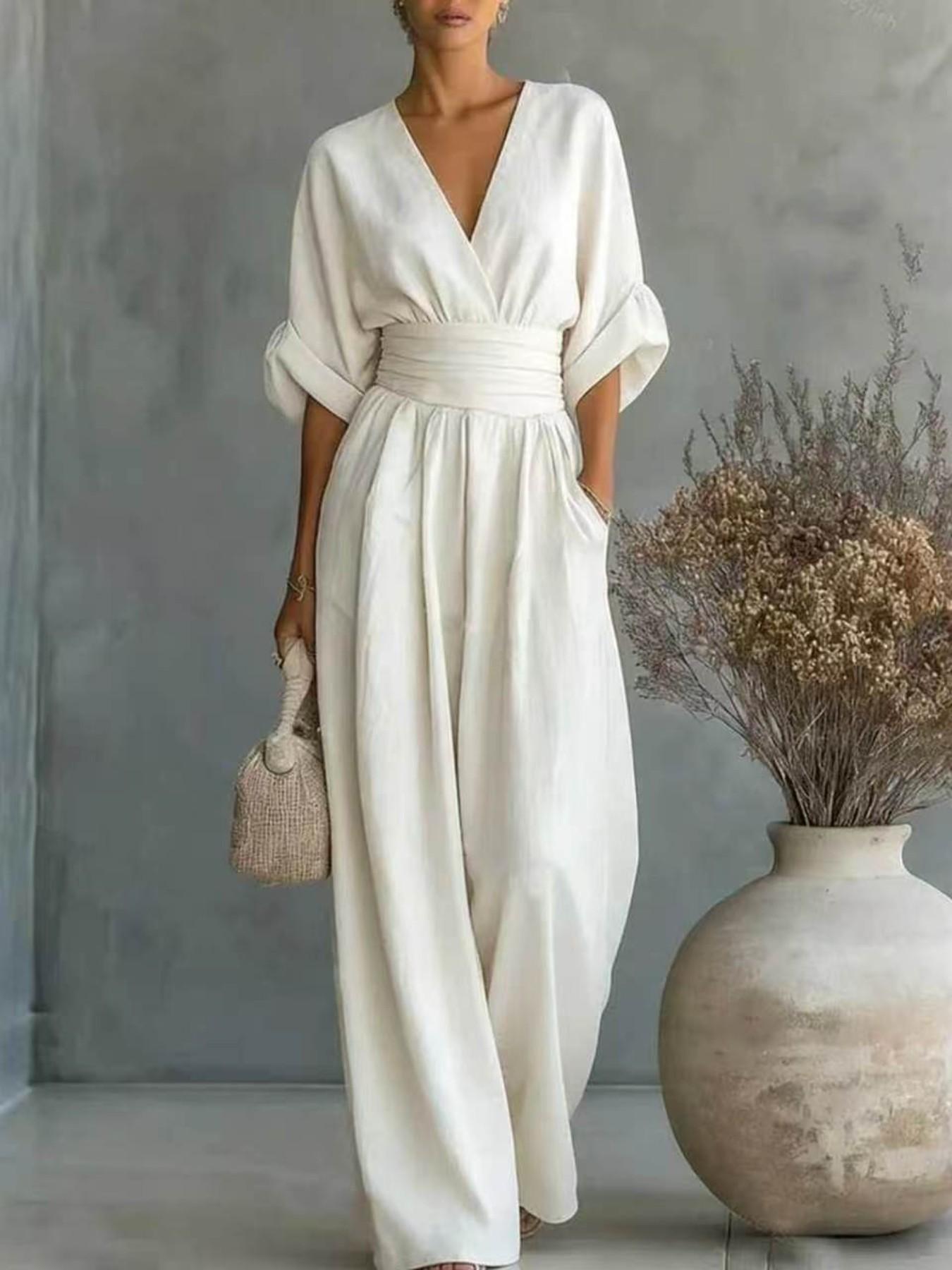 2026 Spring Summer Women's Jumpsuit, Elegant V Neck Batwing Waist Slim Fit, Minimalist Casual Breathable Lightweight Solid Color Fashion Romper, Ladies One Piece Pants