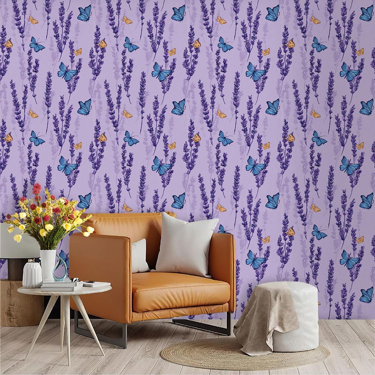 1pc romantic lavender butterfly element printed PVC wallpaper, with adhesive backing for peel-and-stick application, suitable for covering dirty or messy walls, renovating old walls, and home decoration; suitable for all room walls, can be used as a gift
