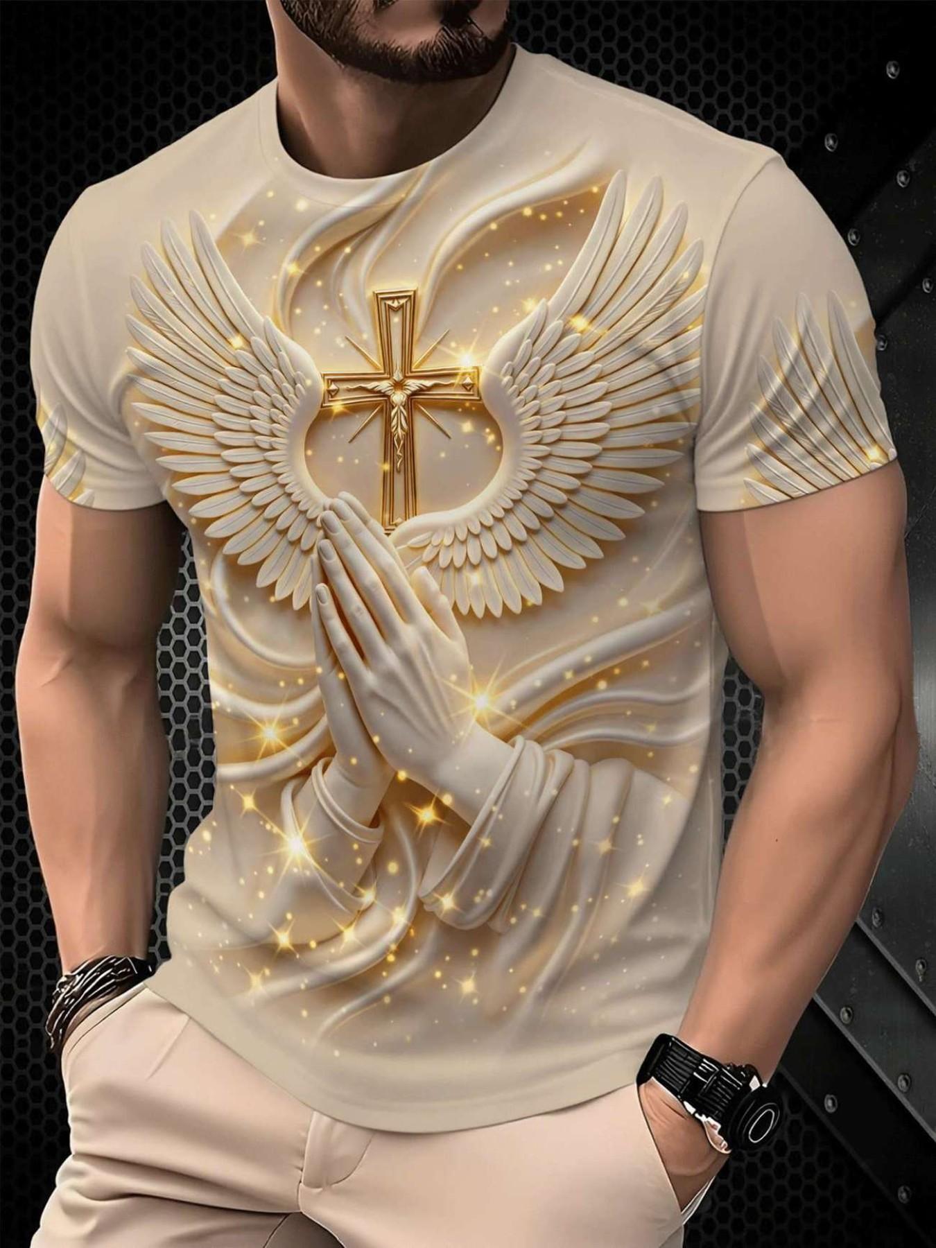 New Religious Prayer Hand Angel Wings Cross Print Men's Round Neck 3D High-Definition Short Sleeve, Sporty Slim-Fit Summer T-Shirt New Religious Prayer Hand Angel Wings Cross Print Men's Round Neck 3D High-Definition Short Sleeve, Sporty Slim-Fit Summer T-Shirt