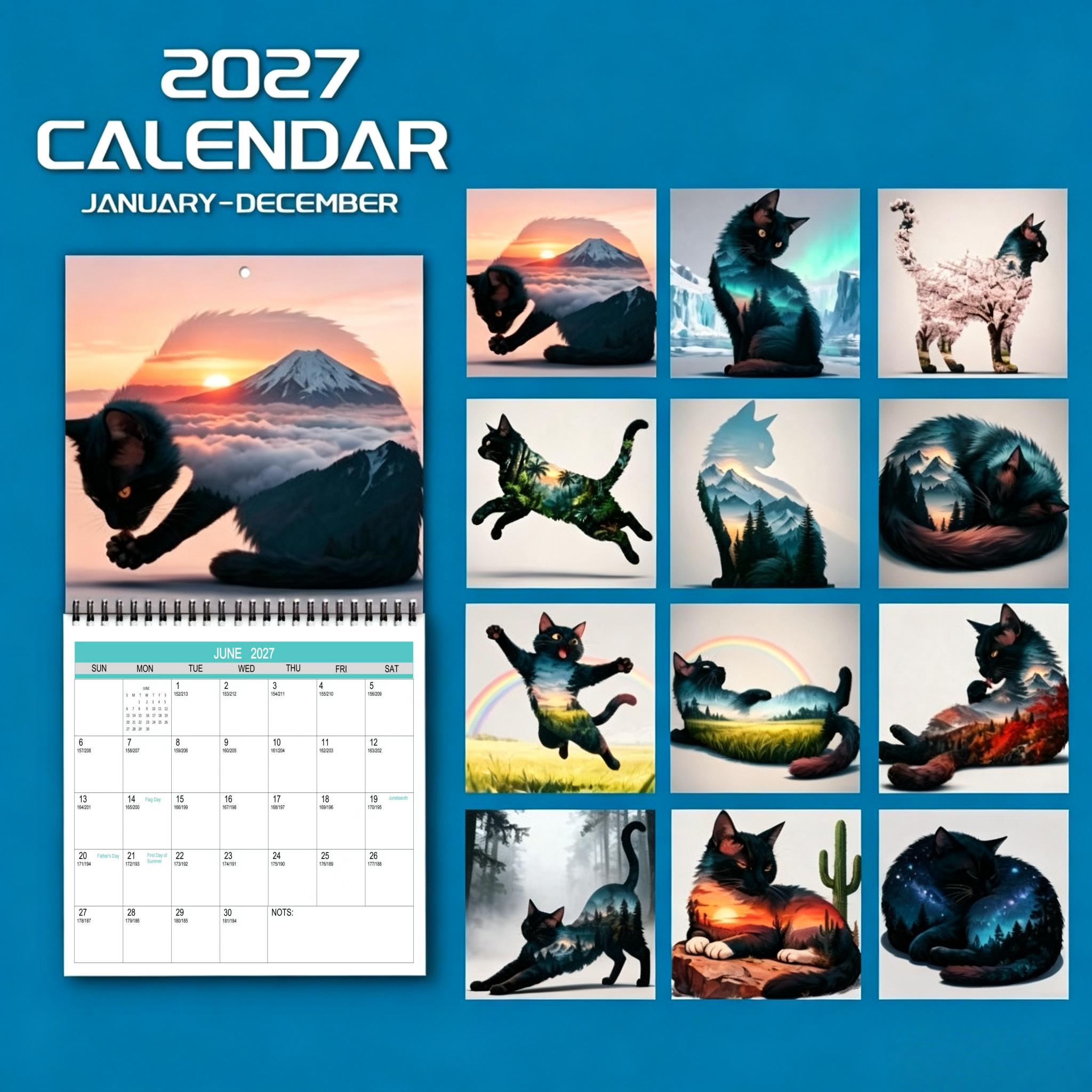 12-month thick laminated wall calendar, spiral bound with double-sided printing. 1 copy of the 2027 cat-themed planner calendar, cute and fun cat aesthetic, perfect for home or office, a great gift for Christmas and New Year.