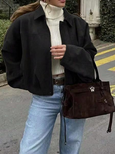 Spring & Fall Suede Texture Zipper Button Pilot Jacket Coat, Stylish Turn-Down Collar Design, Perfect for Casual Wear