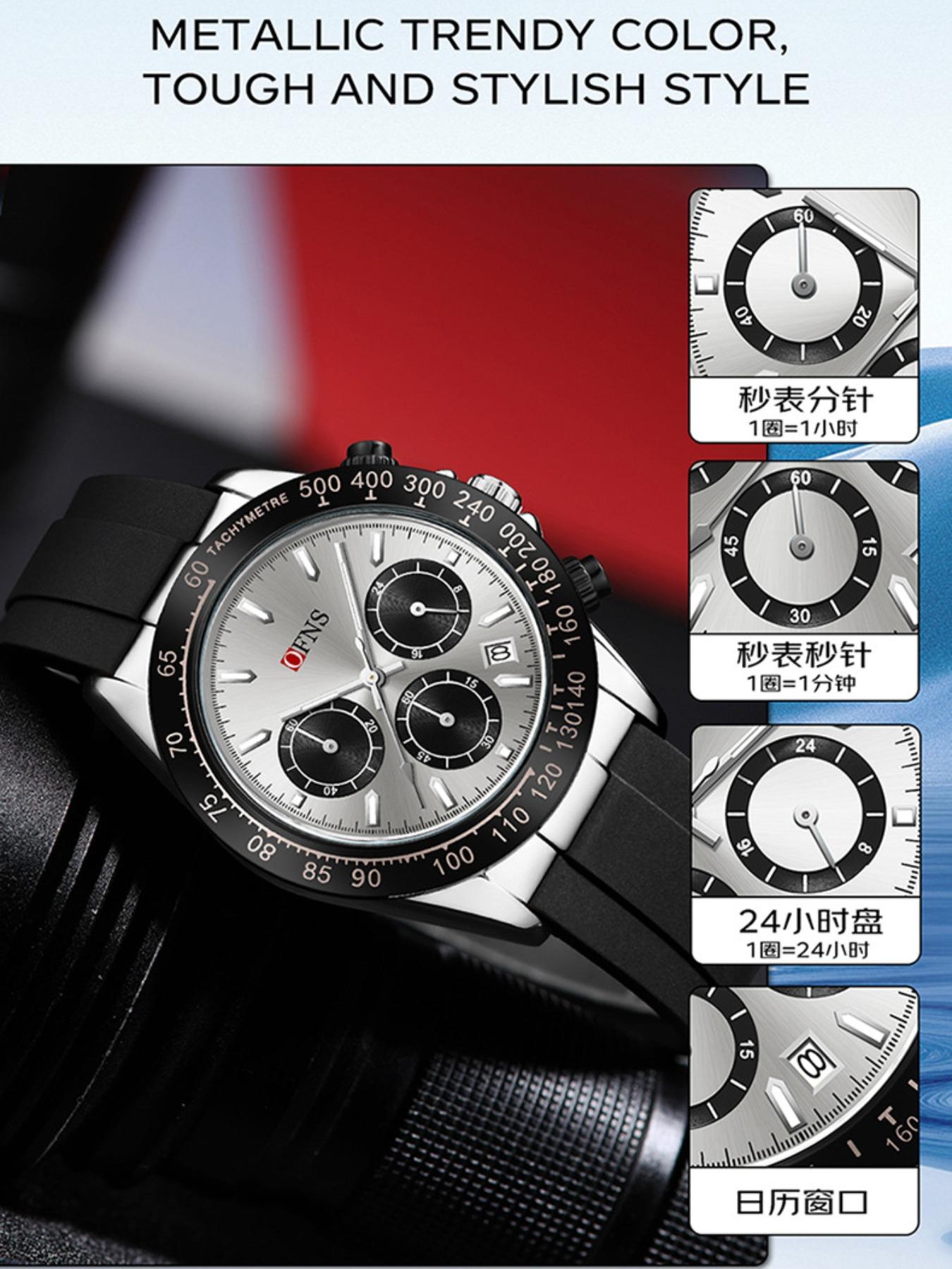 OFNS Quartz Watch, Waterproof Sport Three Eyes Six Hands Calendar, Men's Business Casual Night Light Fashion, Unisex Round Analog Face