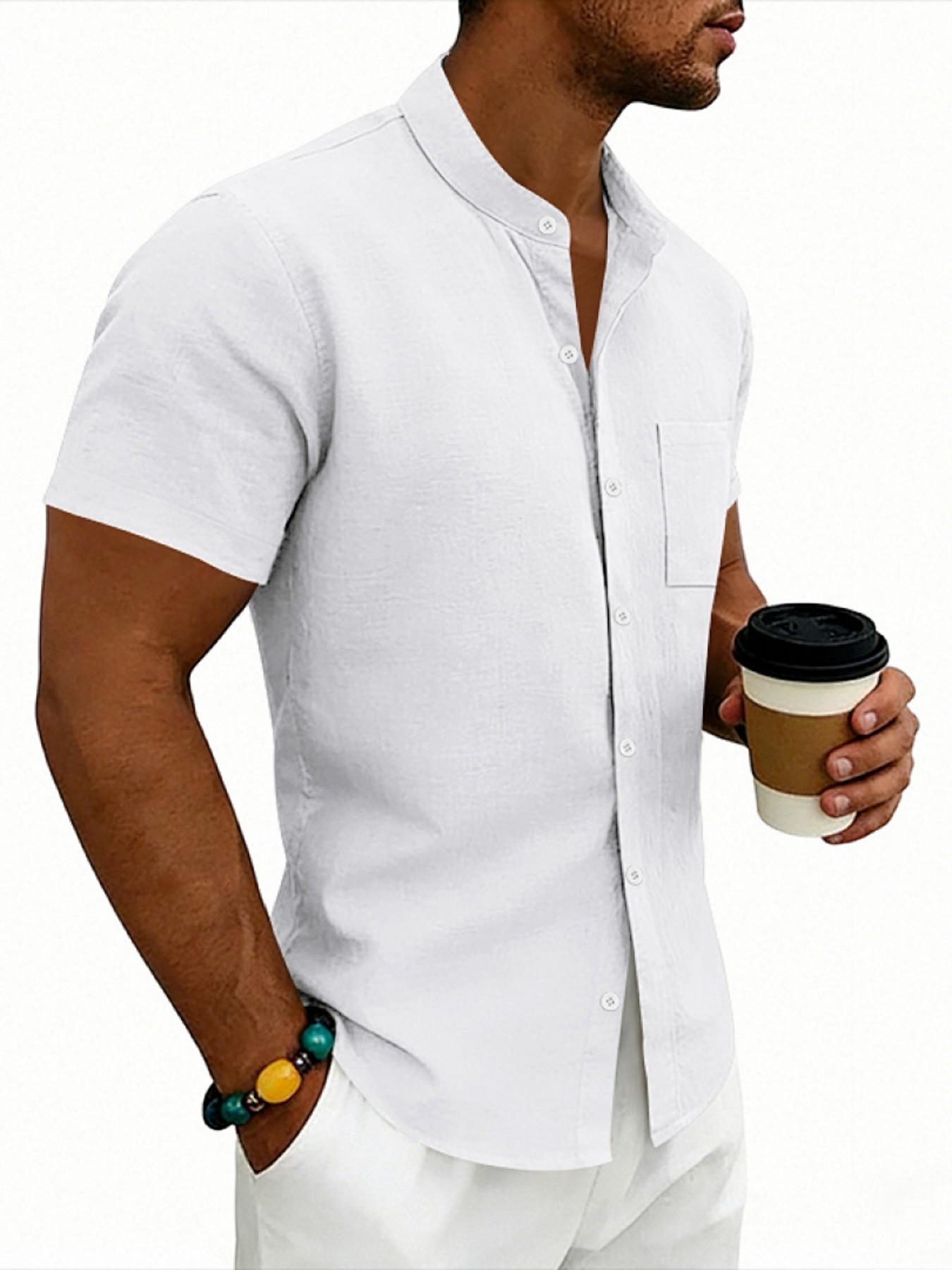 Men's Hawaiian Style Linen Short Sleeve Shirt, Casual Stand Collar Summer Top, Retro Design for Men, Comfortable and Stylish