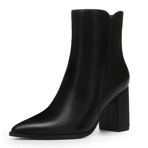 Women's Luxe Goat Skin Ankle Boots - Leather Upper, Solid Pointed Toe, Chunky Heel Style, Side Zipper, All-Seasons Footwear, Casual Leg-Lengthening Daily Elegance Shoes