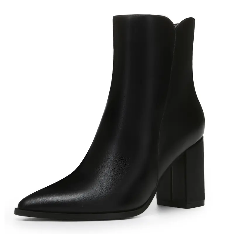 Women's Luxe Goat Skin Ankle Boots - Leather Upper, Solid Pointed Toe, Chunky Heel Style, Side Zipper, All-Seasons Footwear, Casual Leg-Lengthening Daily Elegance Shoes