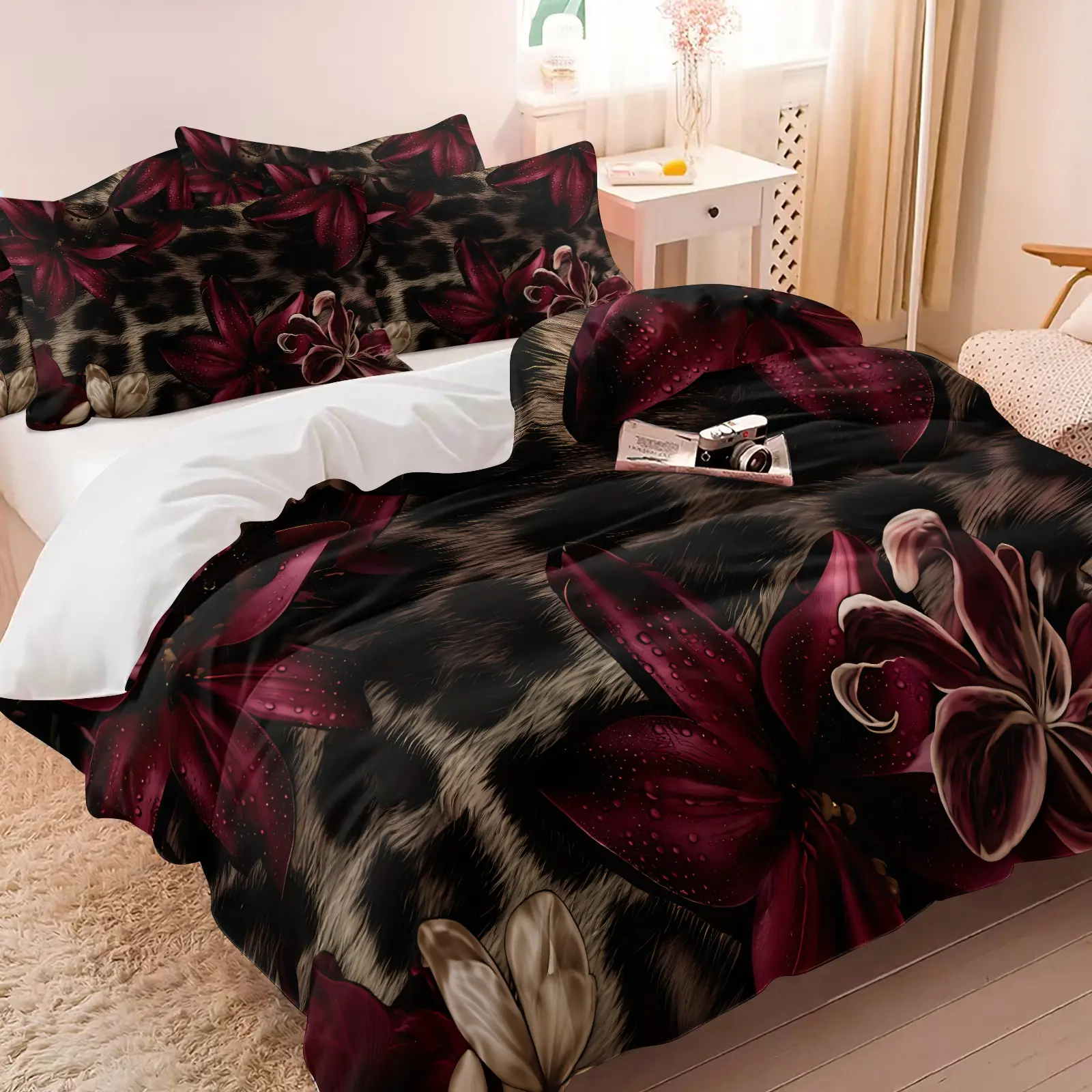 Dark Sweet Burgundy Lily Leopard Print Duvet Cover Set & 1-2 Coreless Pillowcases, Soft Breathable Smooth Polyester Bedding, Printed Bedding Set, Enchanting Burgundy Lilies Over Classic Leopard Background, Machine Washable, Stylish Vibe Bedroom Decor