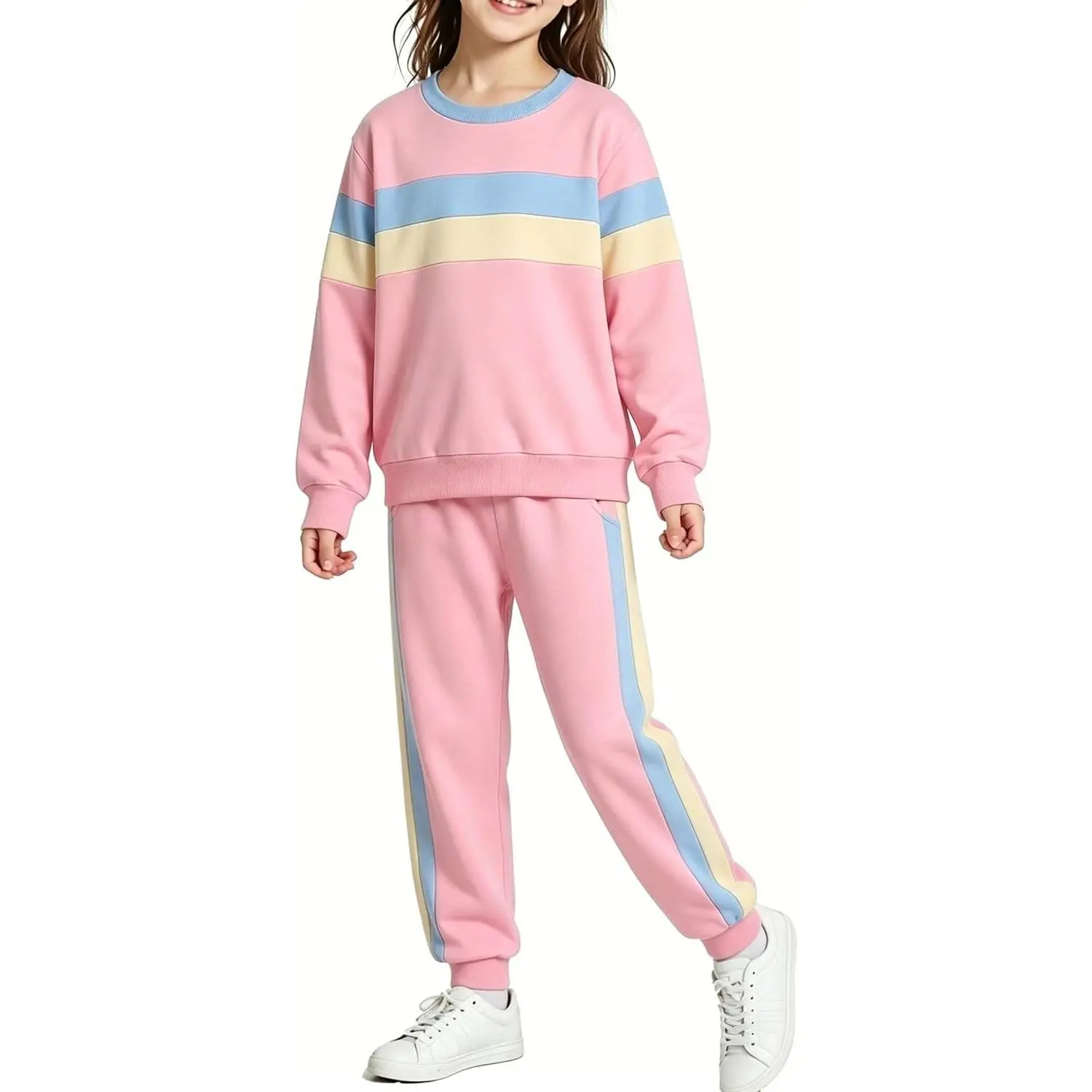 Girls' 2-Piece Rainbow Stripe Tracksuit - Long Sleeve Sweatshirt & Full Length Jogger Pants Casual Wear Set, Fall Winter Clothing for 2-10Y, Full Length Pants