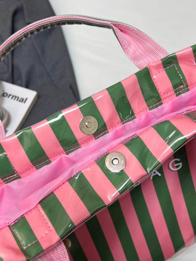 Valentine's Day New Sweet Fresh Stripe Tote Bag, Shiny PVC Large Capacity Commuter Bag, Casual Trendy Bag, Perfect for Spring Summer Shopping