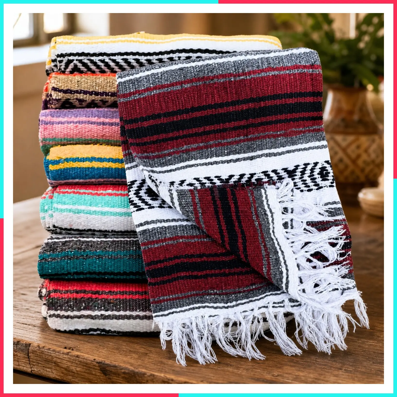 Classic Mexican Blanket, Large Authentic Woven Falsa Throw (70"x50"), Artisan Southwest Décor for Beach, Yoga, Outdoors (Burgundy)