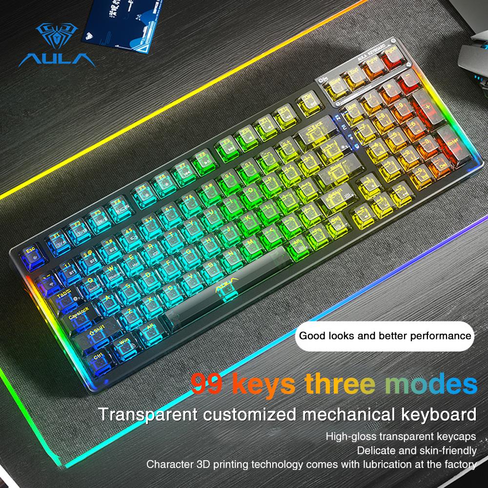 AULA F98 wireless mechanical  keyboard with transparent keycaps, 99-key Mechanical Switch Tri-mode Connection, RGB Rainbow Backlit, Suitable for Gaming and 0ffice, Gasket Gaming Keyboards Creamy Keyboard  Computer Accessory FallFreshness
