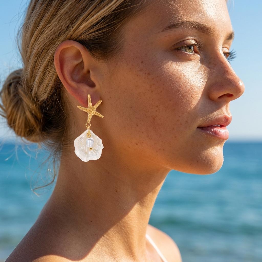 Stylish Beach Vacation Inspired Starfish Pearl and Seashell Dangle Earrings for Women Trendy Summer Resort Jewelry Gift