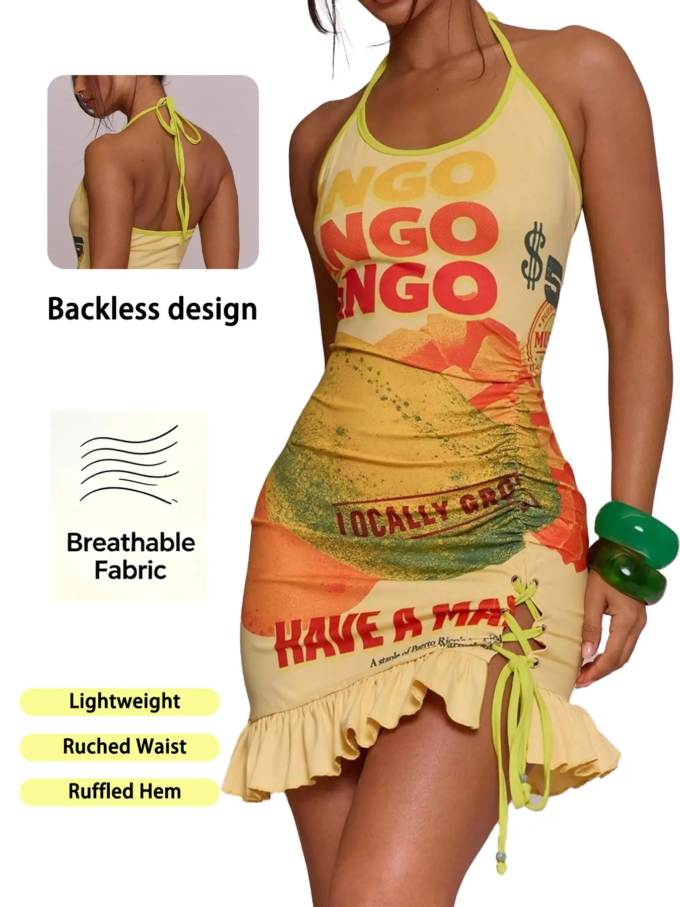 Women Halter Neck Spaghetti Strap Sleeveless Letter Fruit Print Bodycon Mini Dress, Side Lace-up Ruched Ruffle Hem Y2K Graphic Summer Dress for Daily Dates, Beach Vacation & Party Adjustable