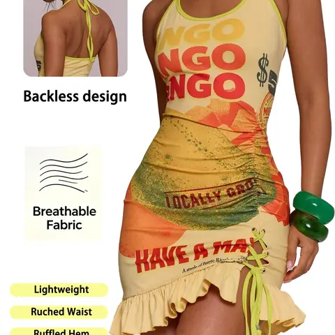 Women Halter Spaghetti Strap Letter Fruit Print Bodycon Mini Dress, Side Lace-up Ruched Ruffle Hem Y2K Summer Dress for Daily Dates, Beach Vacation & Party, Fabric