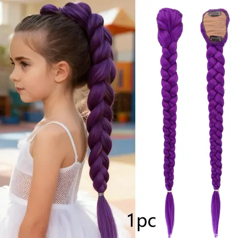 K-Pop Girl Rumi Role Play Wig, 26-Inch Braided Hair,Heat Resistant Puff Ponytail Accessory, Kids Wigs, Artificial Wig,Kpop anime girl styling design, cute purple ponytail whip,KPOP fans support gifts for girls, Halloween gifts.