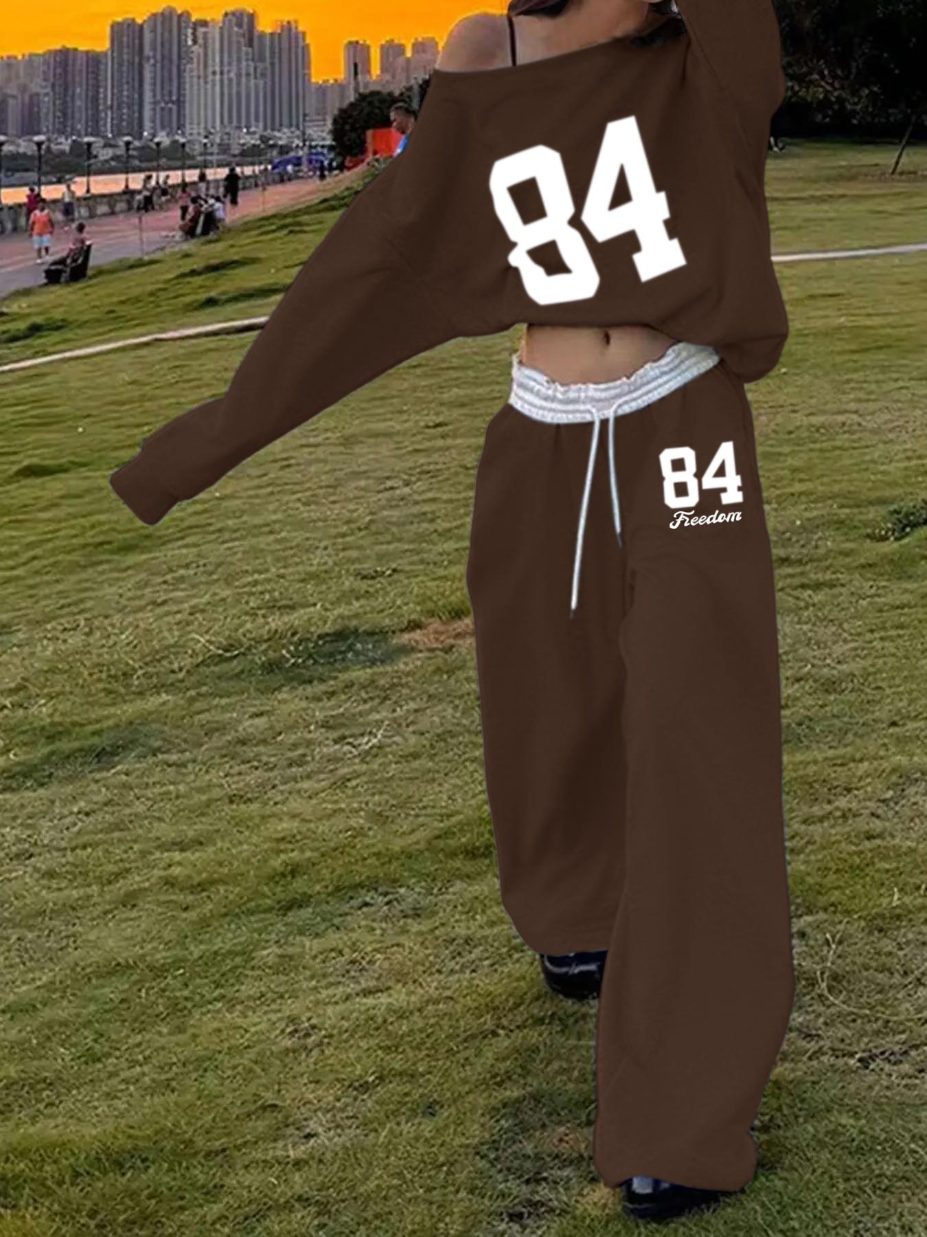 Women's Letter & Number Print Drop Shoulder Fitted Sweatshirt & Drawstring Waist Sweatpants Two-piece Set, Casual Fashion Cozy Breathable Two Piece for Daily Wear, Ladies Spring & Fall Clothes