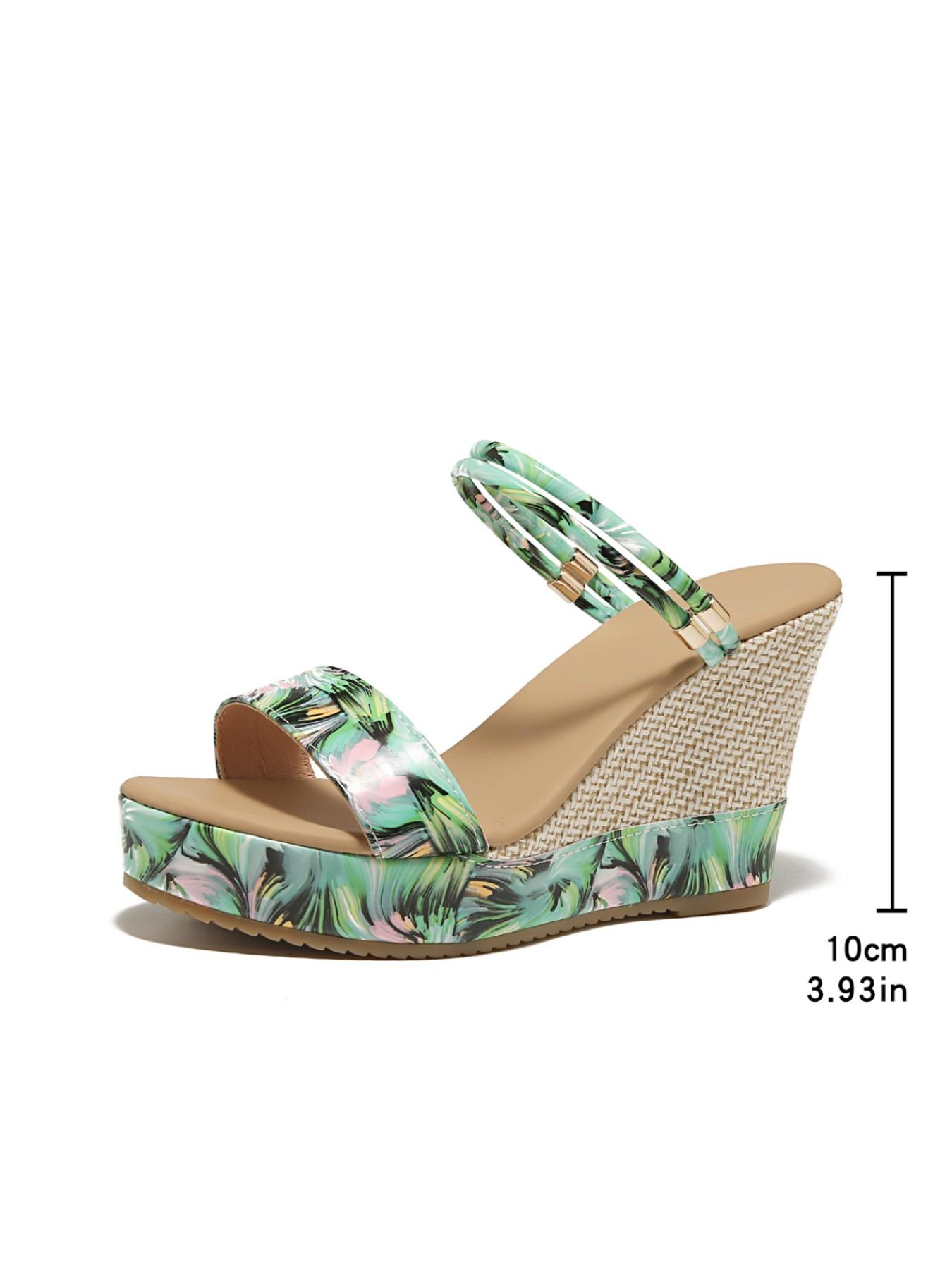Women's Floral Print Wedge Sandals, Cross Strap Anklet, Dual Buckle, Open Toe, Boho Style, Casual/beach/dating Shoes